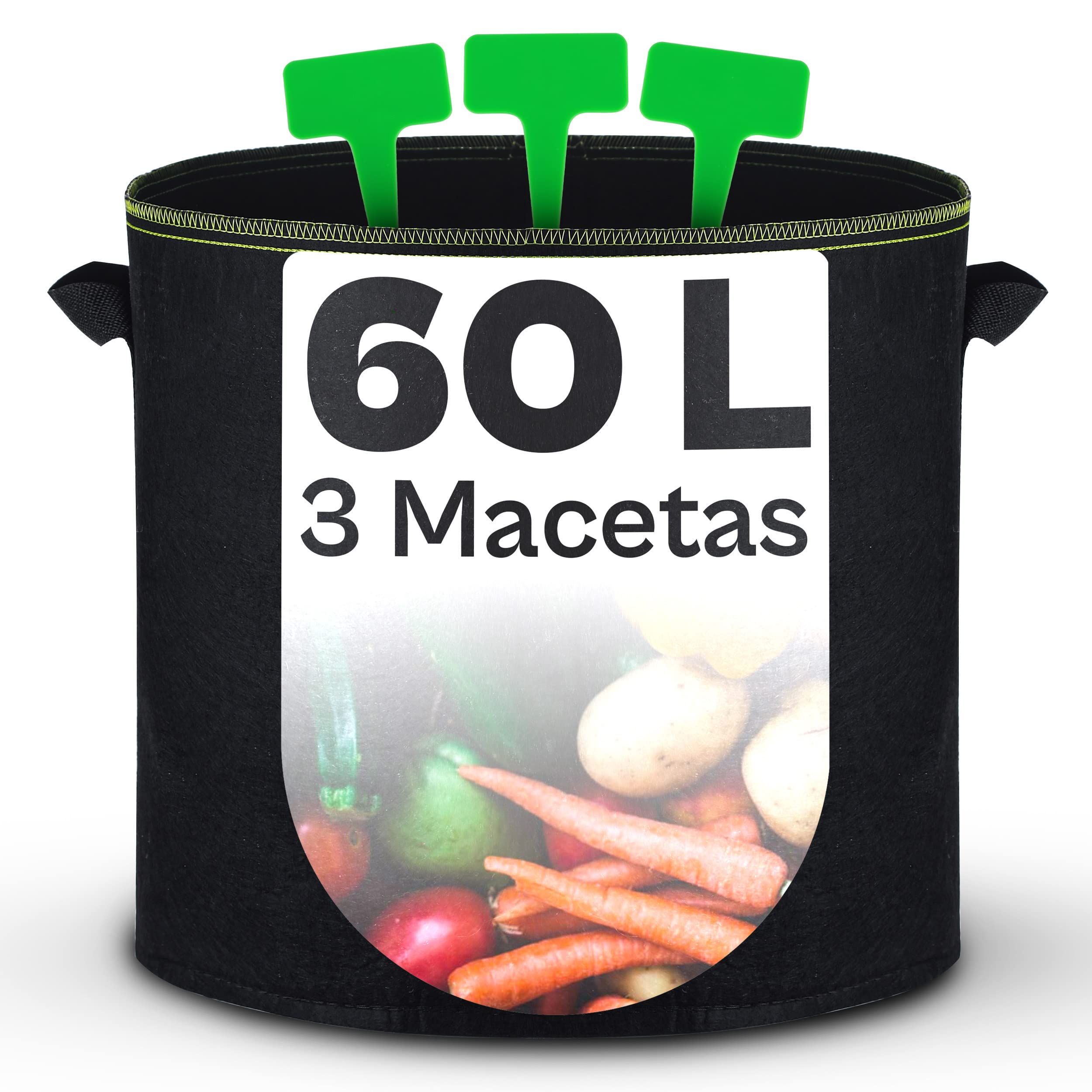Bolsa de Cultivo para Plantas 60L - 3 Bolsas Grandes de Tela no Tejida con Asas y Etiquetas - Maceta Geotextil para Patatas y Vegetales