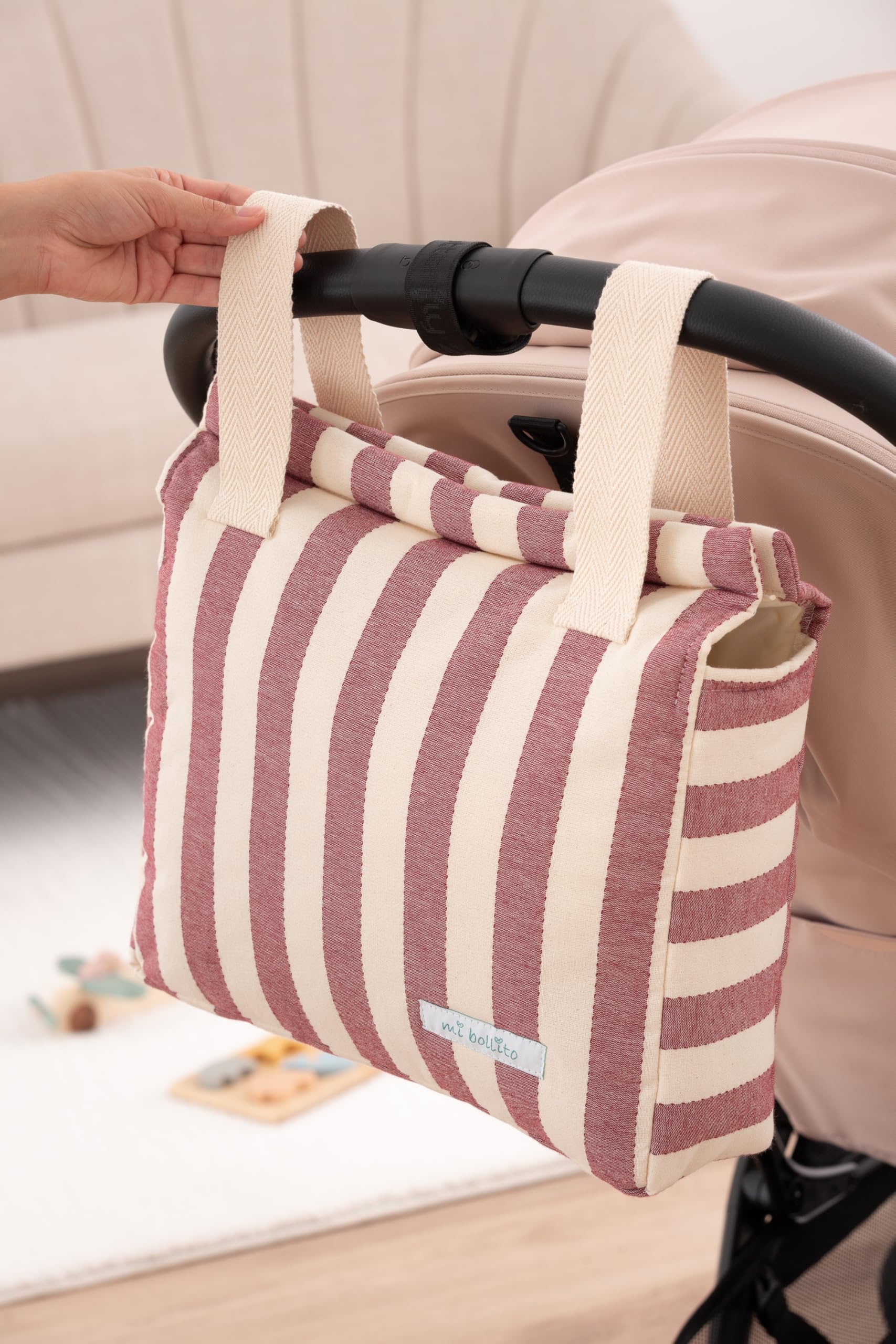 Borsa per passeggino universale con chiusura a scatto, leggera, grande capacità, design a righe