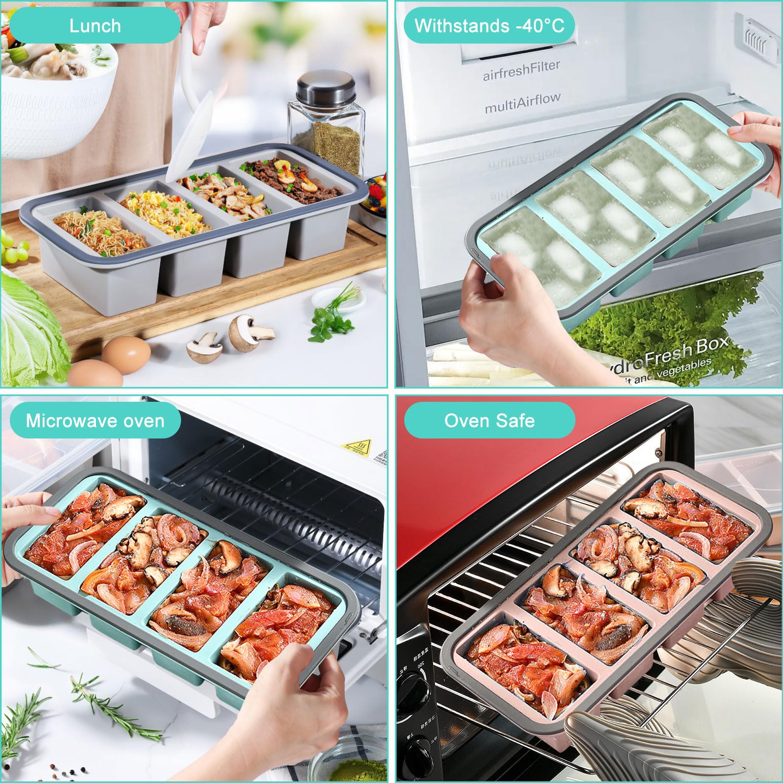 Confezione da 3 contenitori per congelatore con coperchio, in silicone, 4 scomparti (porzioni da 1 l, 250 ml), senza BPA, adatti al congelatore al forno, per cucinare in lotti e controllare le