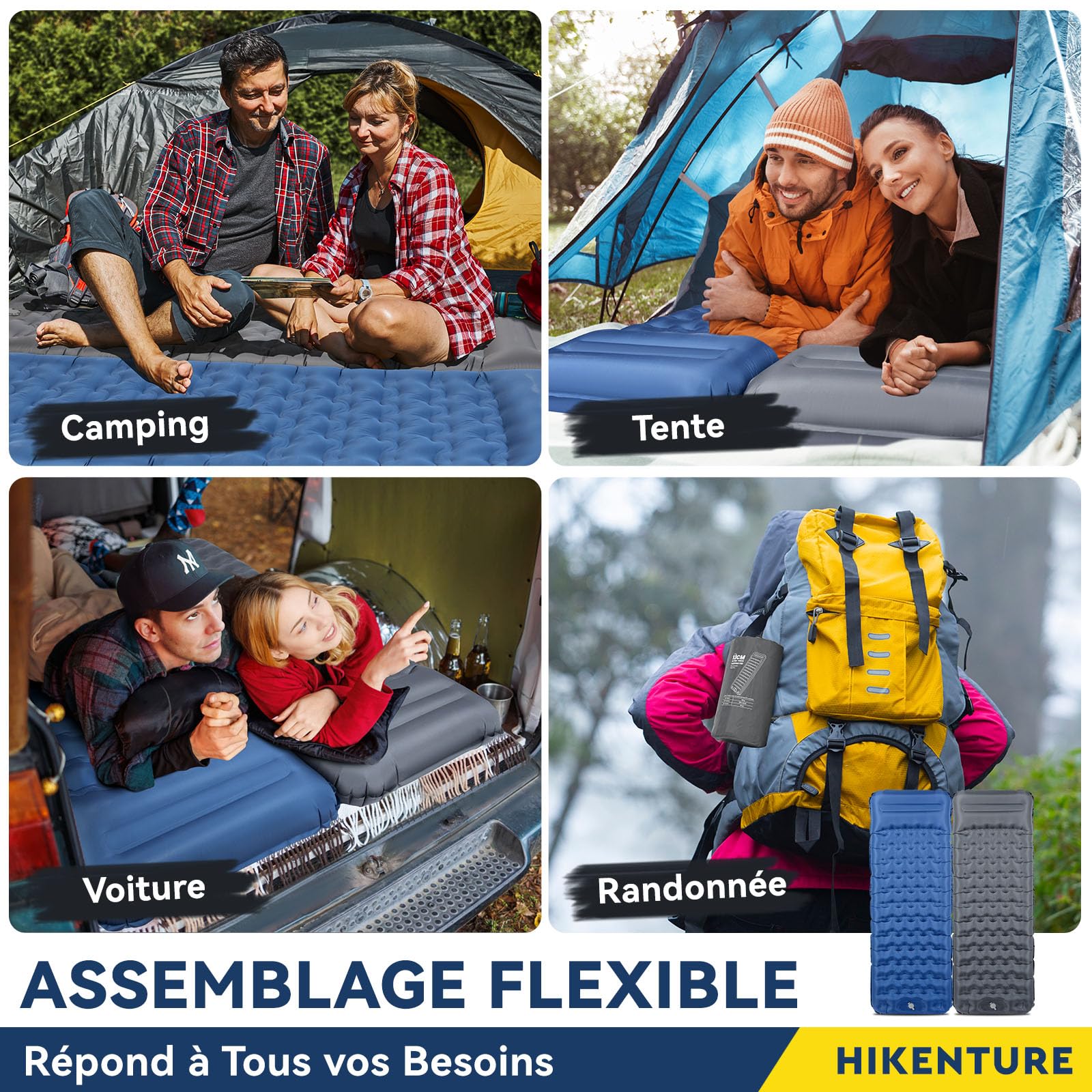 HIKENTURE Matelas de Camping Gonflable 13cm Ultraléger Compact avec Oreiller Pompe à Pied Randonnée Trekking Plage Tente Gris