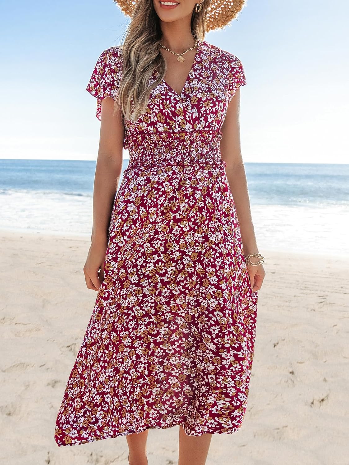 CUPSHE Women Floral Midi Summer Dress V Neck Ruffle Short Sleeve Elastic Smocked Waist Spring Casual Beach Dresses - Image 4