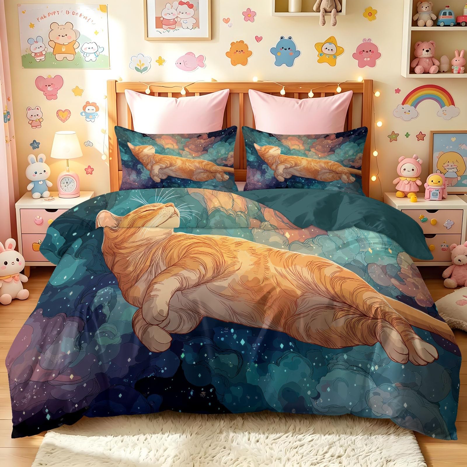 Cosmic Dreamy Starry - Juego de funda de edredón y funda de almohada, diseño de gato atigrado nube, microfibra suave, 230 x 220 cm, reversible, hipoalergénica, para niños y niñas, fácil cuidado, sin