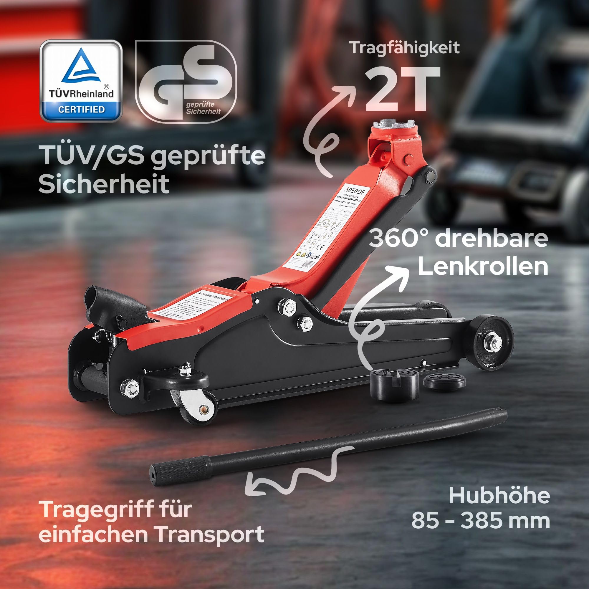 Arebos Hydraulischer Rangierwagenheber 2T | flach 85-385 mm | TÜV Zertifiziert | Wagenheber hydraulisch für PKW & Sportwagen | inkl. 4 Gummiauflagen