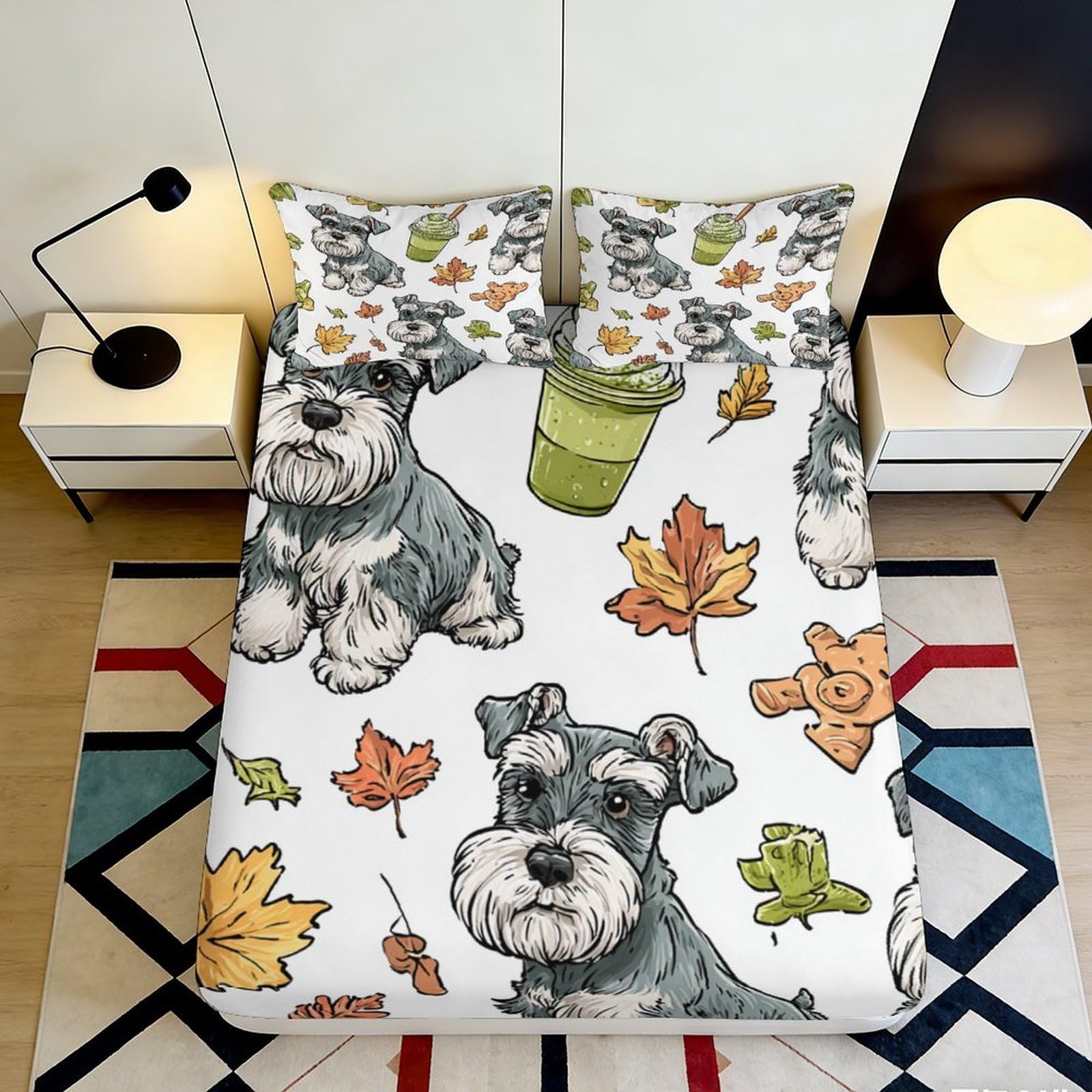 3D Printed Schnauzer Dog Fitted Sheet Microfiber Autumn Leaves Mattress Cover Non Slip Machine Washable Decor 90x200x25cm