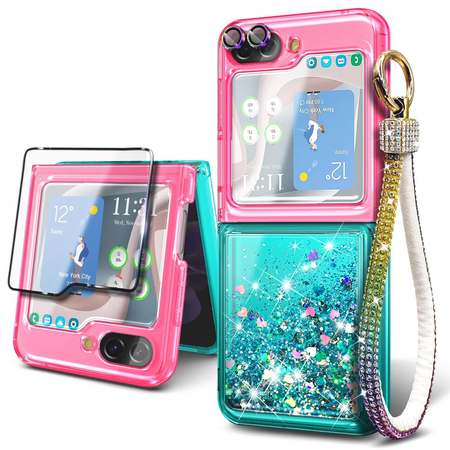 NGB Supremacy Case for Samsung Galaxy Z Flip 5 (5G 2023) with Tempered Glass Screen Protector/Camera Lens Protector/Diamond Wrist Strap Lanyard, Glitter Liquid Floating Cute Case (Pink/Aqua)