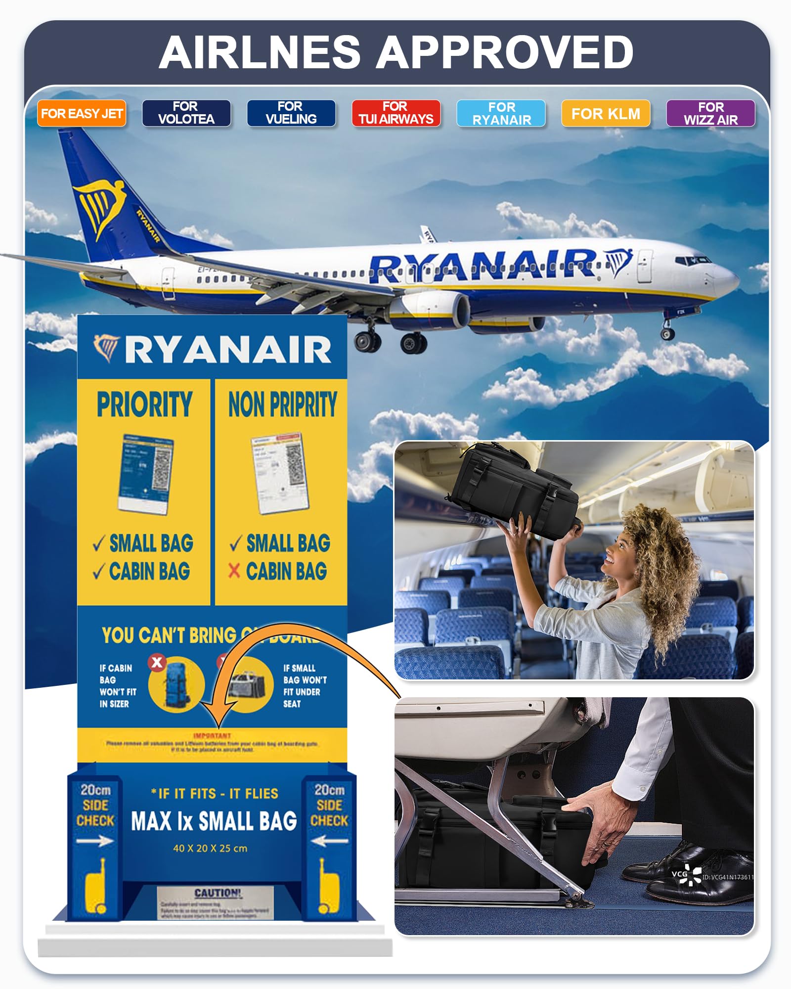 BJLFS Borse da Cabina per Ryanair 40x20x25 Bagaglio a Mano Zaino Borsa Zaino da Viaggio, Zaino da trekking,Zaino Easyjet 45x36x20,Zaino Casual per laptop da 14 pollici per scuola