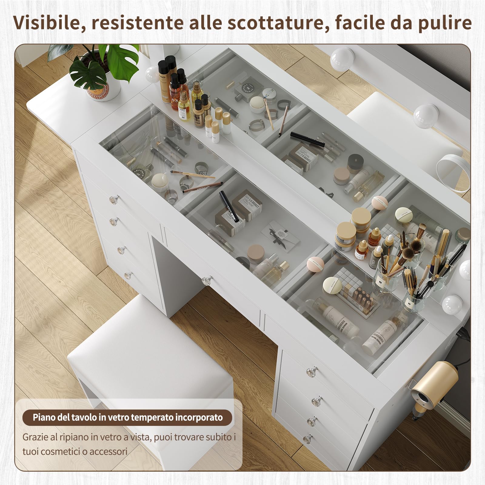Yanosaku Tavolo Toeletta con Specchio e 12 Luci LED, Vanity con 9 Cassetti e Pannello Ribaltabile, Porte USB, Prese, Sedia Inclusa, 3 Modalità di Illuminazione Regolabile, Bianco