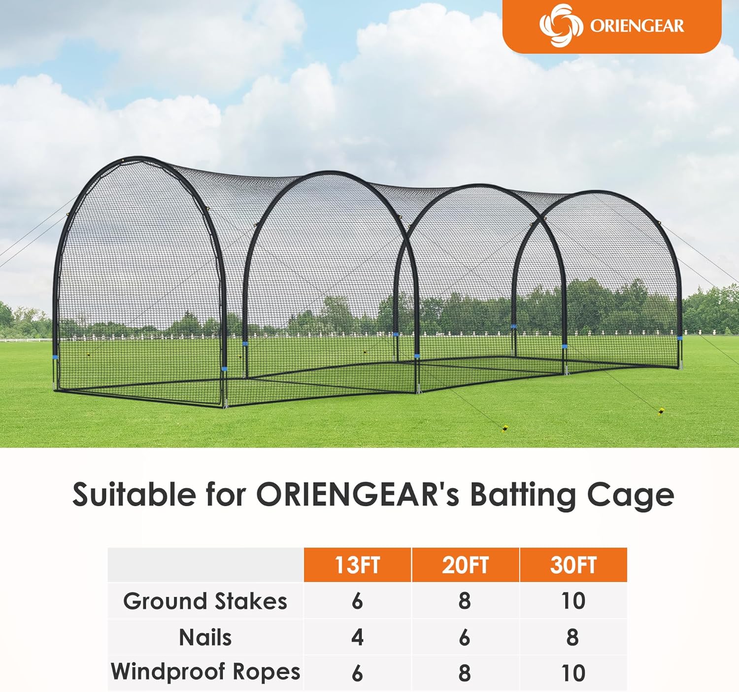 ORIENGEAR Batting Cage Ground Stakes Replacement with Adjustable Windproof Rope, Included U-Shaped Pins X 8, Windproof Rope X 10, Ground Stakes X 10, Suitable for 20FT & 30FT Baseball Batting Cage