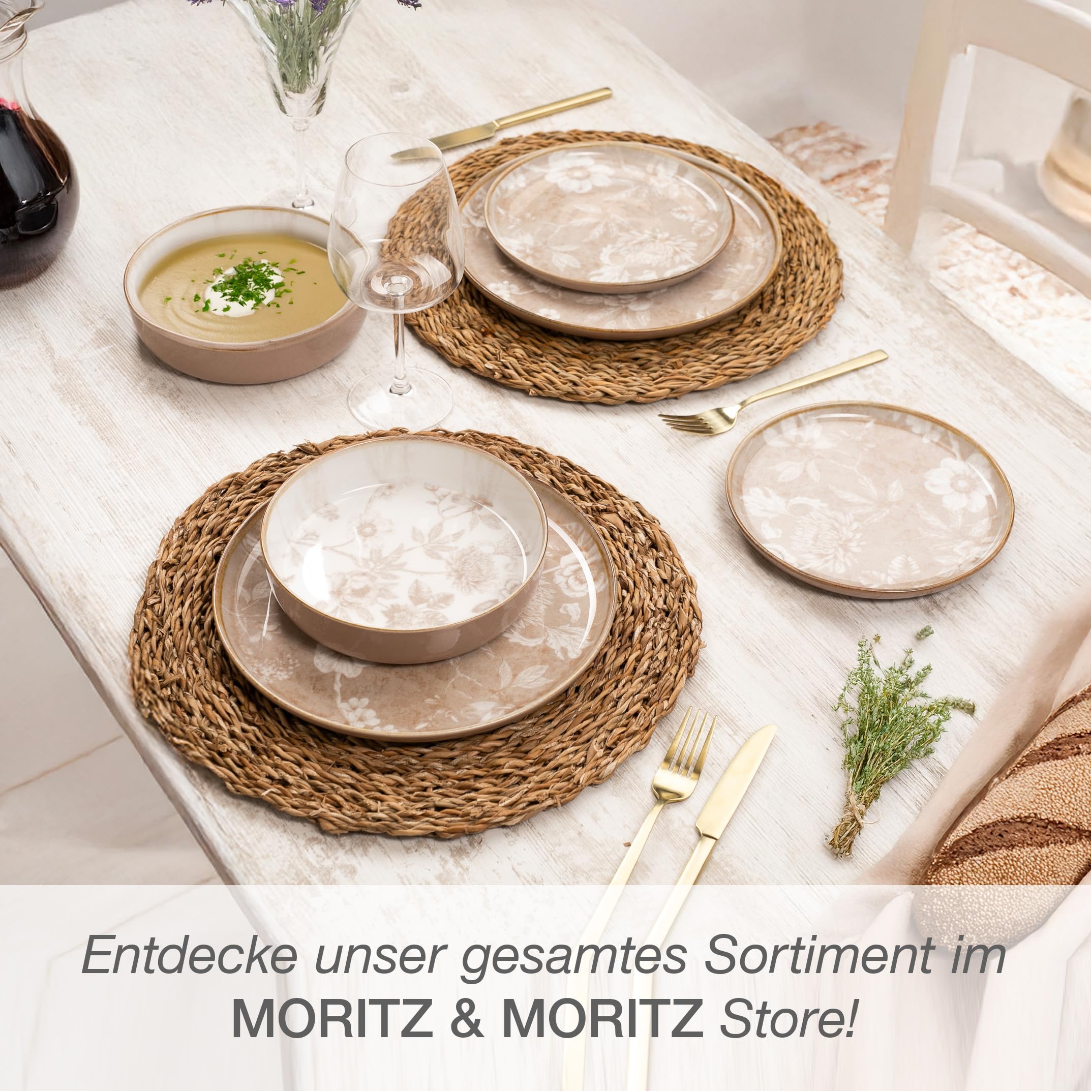 Moritz & Moritz MARIELLA Steingut Geschirrset 6 Personen 24-tlg. - Modernes Tafelservice in Beige mit verspieltem Design, Pflegeleichtes Kaffeeservice mit Teller Set, Schüsseln & Tassen - Kombiservice