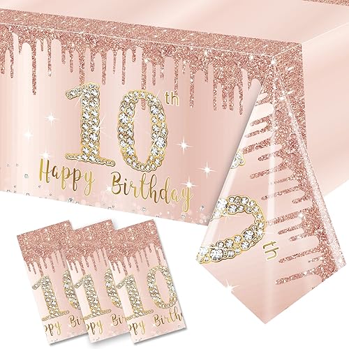 Paquete de 3 decoraciones de cumpleaños número 10 para niñas, color rosa dorado y rosa con texto en inglés "Happy Ten", suministros para fiestas,