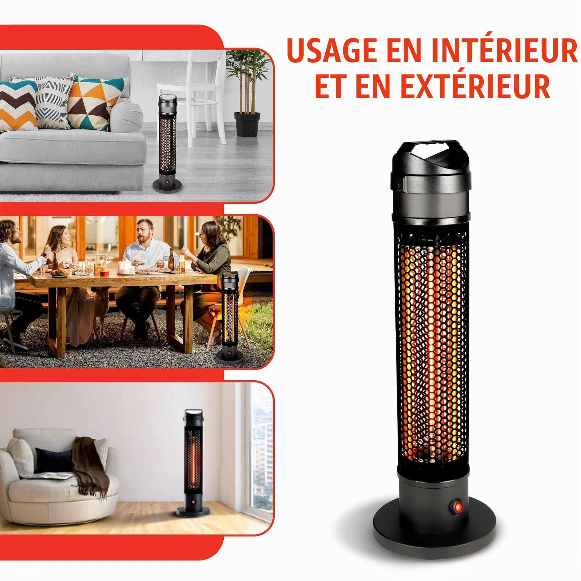 alpina Chauffage Électrique Infrarouge – Chauffage Exterieur Terrasse Électrique 800W - Lampe Infrarouge pour Intérieur et Extérieur - Étanche IP44 - Chauffage Portable Fibre Carbone - Noir