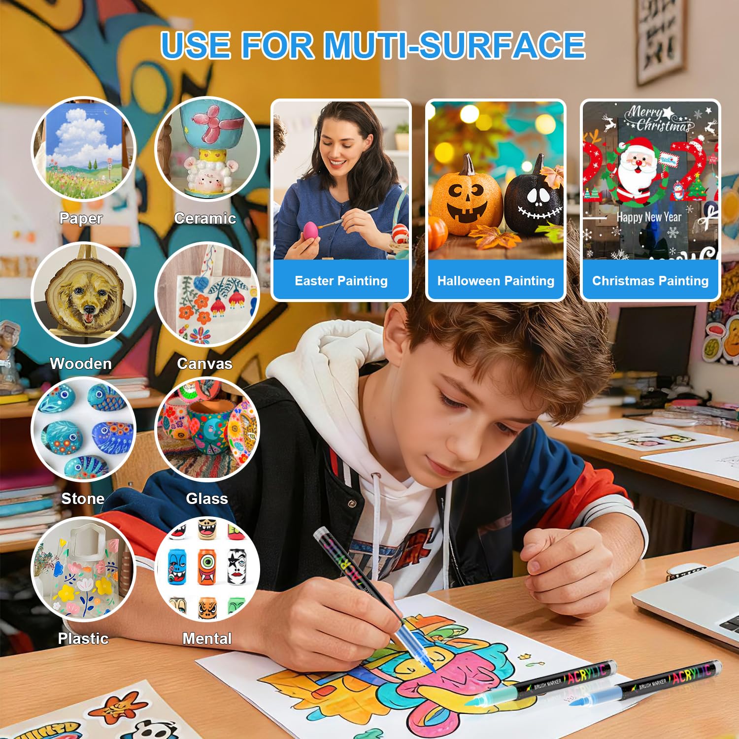 Sonlaryin Acrylverfstiften 36 stuks, verfmarkers voor rotsschilderen, steen, glas, keramiek, hout, metaal, stof, extra fijne punt van 1-5 mm, acrylmarkers op waterbasis voor volwassenen, Blauw - 36