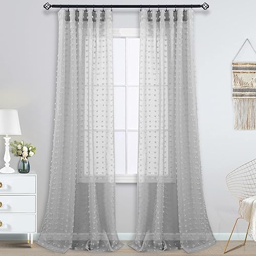 Miniatura 7 de KOUFALL Cortinas traslúcidas gris texturizadas de 96 pulgadas de largo para sala con pompones, estilo bohemio, esponjosas y peludas, con pestaña