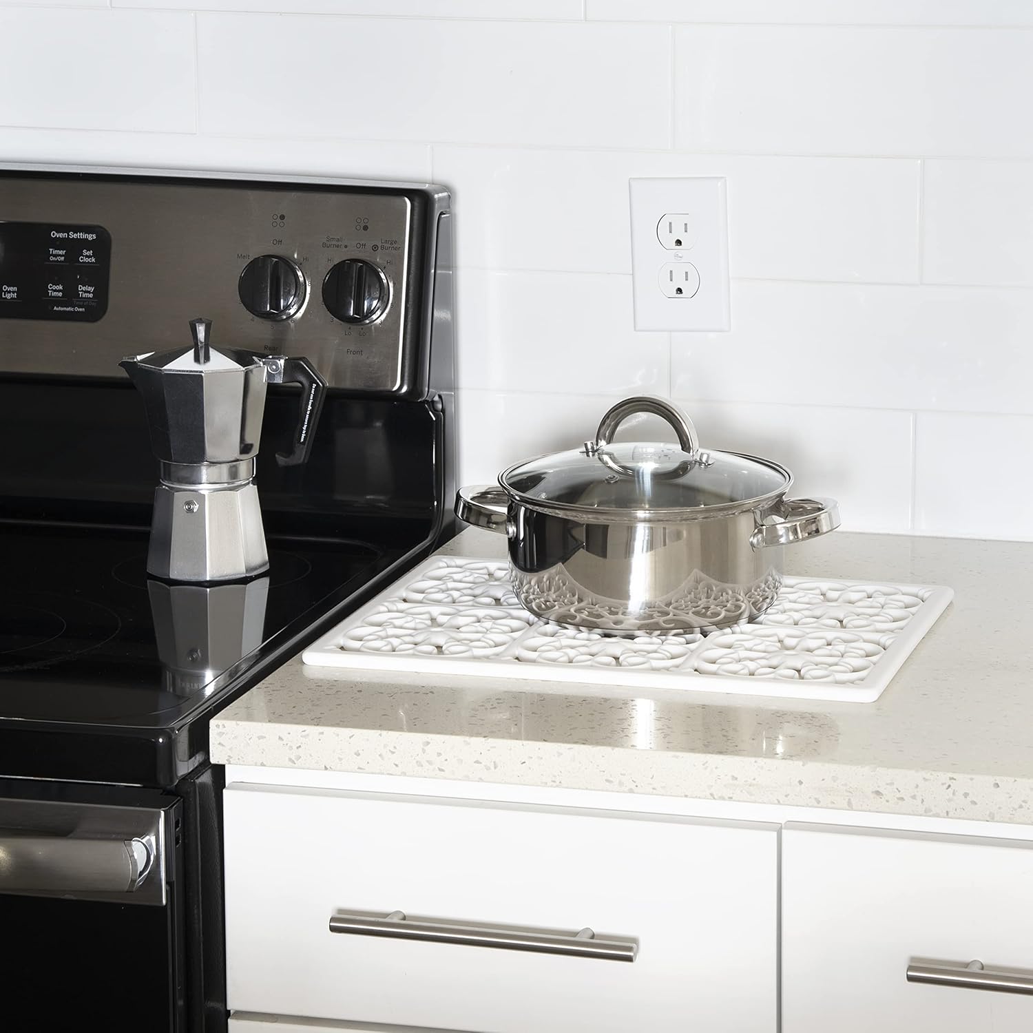 Bundle – 2 Items: GASARÉ, Extra Large, Thick, Silicone Trivet for Hot Dishes, Pots, and Pans, Heat Resistant Mat for Countertop, Hot Pad for Kitchen, 16 x 12 x 3/8 Inches, Black and White