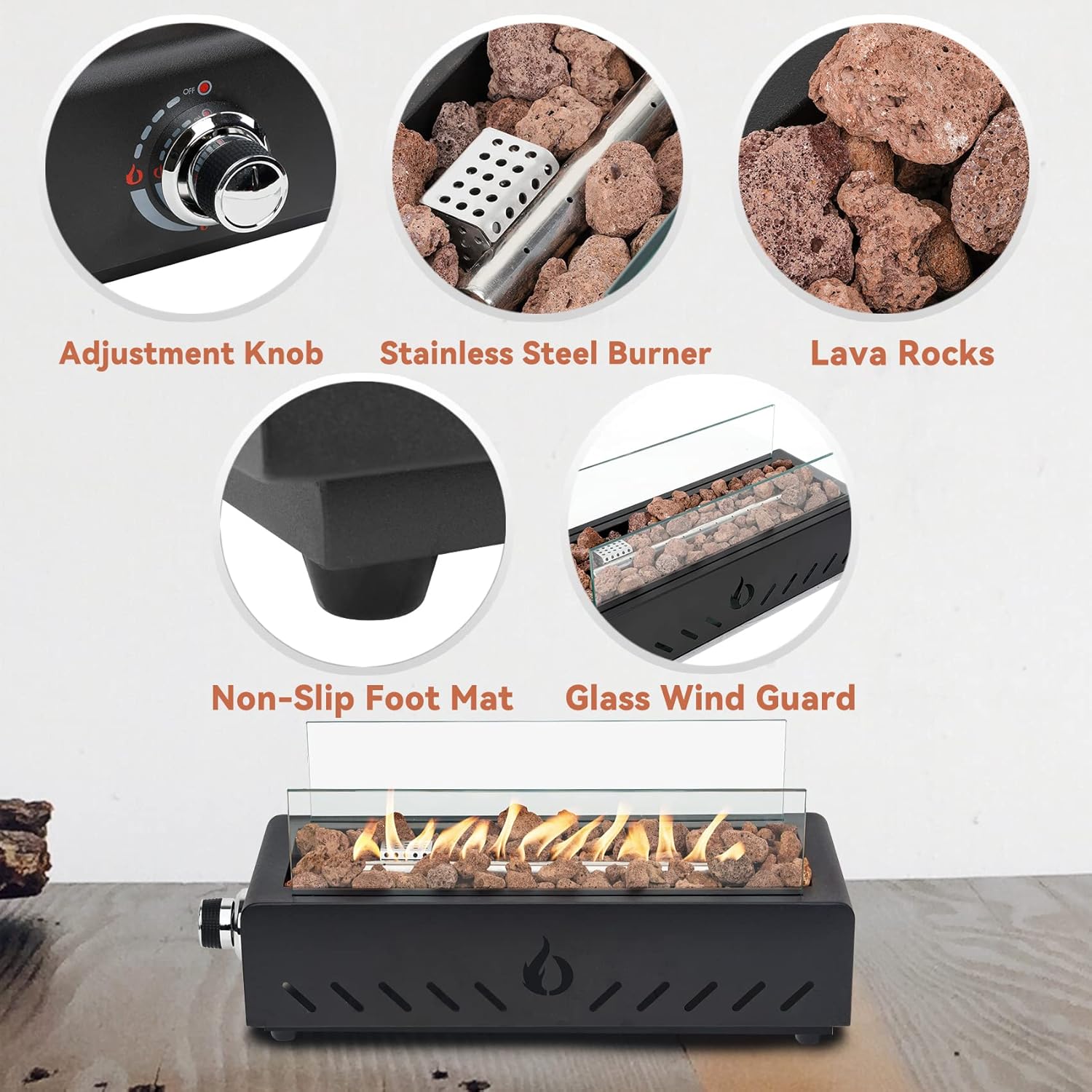 ONLYFIRE OUTDOOR LIVING 18" Tabletop Propane Gas Fire Pit Bottom-mounted for Table with Umbrella Hole, Portable Smokeless Firepit with Glass Wind Guard for Patio Backyard Camping RV Tailgating, #FP027