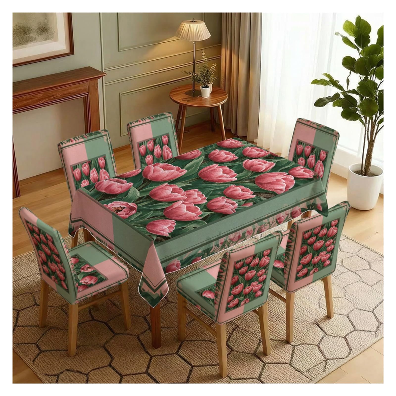 KXUAUV Stretch Dining Chair Slipcovers And Tablecloth Set, Pink Tulip Geometric Color Block Print, 5/7 Pack For Dining Room Fresh Modern Home Decor Party Decor(7pcs Set: Tablecloth+Chair Covers)