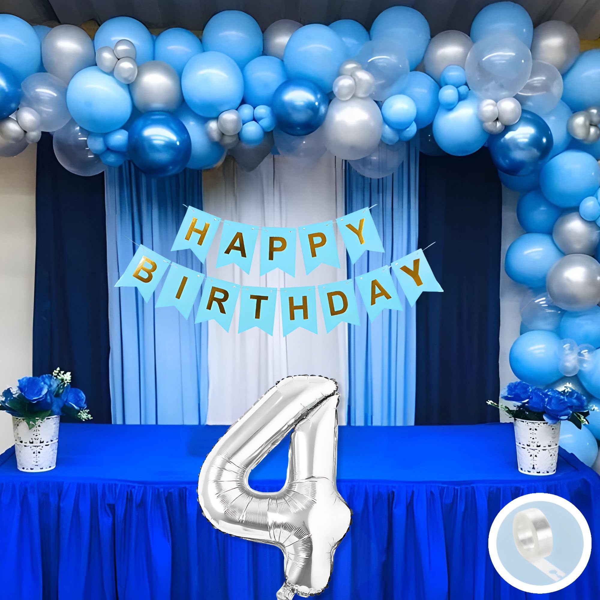 4th Happy Birthday Decoration White and Blue Theme Combination for Boys Girls Kids | 30 Pcs Blue White Silver Color Balloons | Blue Happy Birthday Paper Banner | Arch Tape-image-26