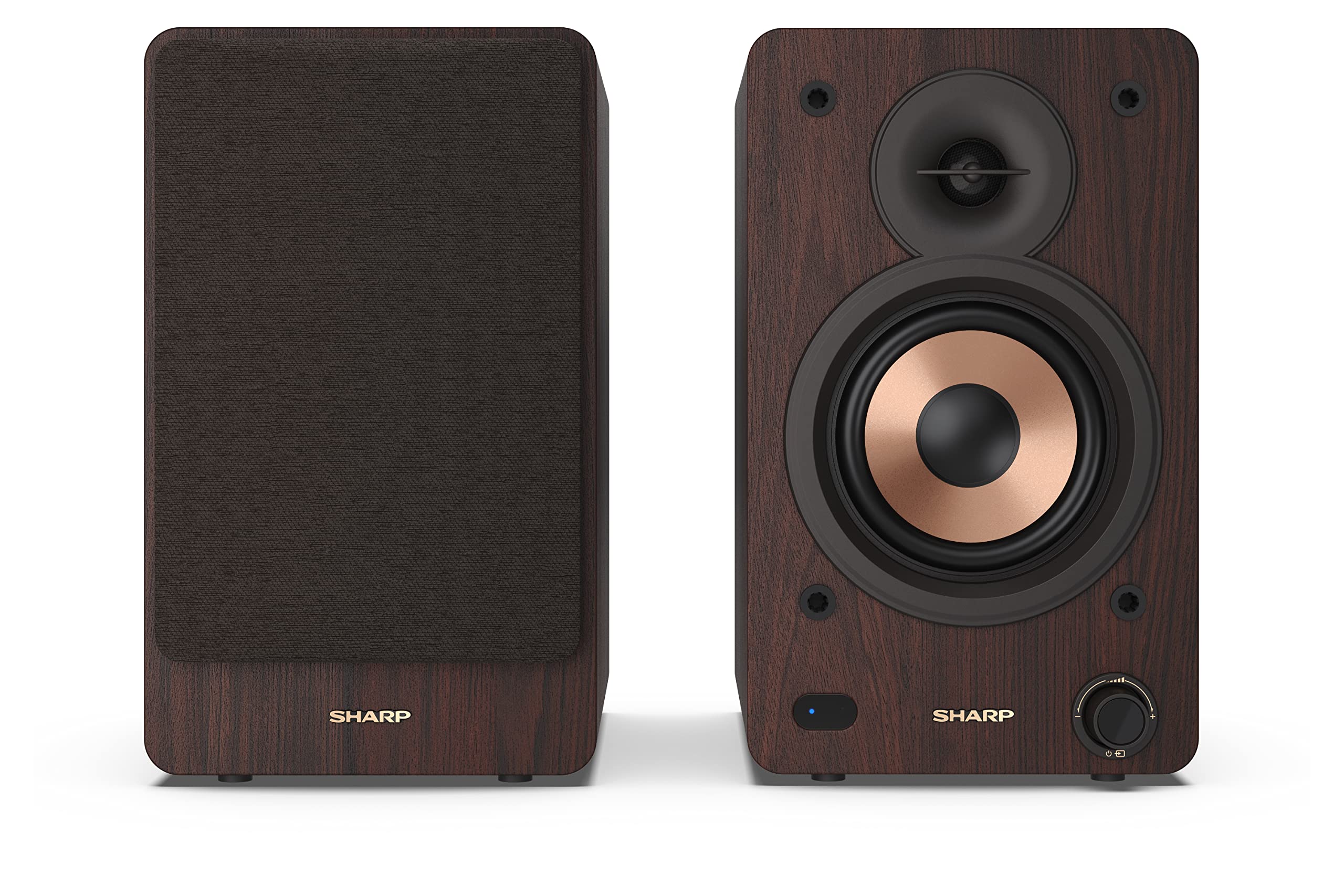 Sharp CP-SS30(BR) Pareja Altavoces estantería Activos 2vías, 60W RMS (2x30W) Carcasa Madera, Bluetooth v5.0, USB, óptica, Auxiliar, RCA, Ajuste Graves y Agudos, Rejilla extraíble, Mando a Distancia.