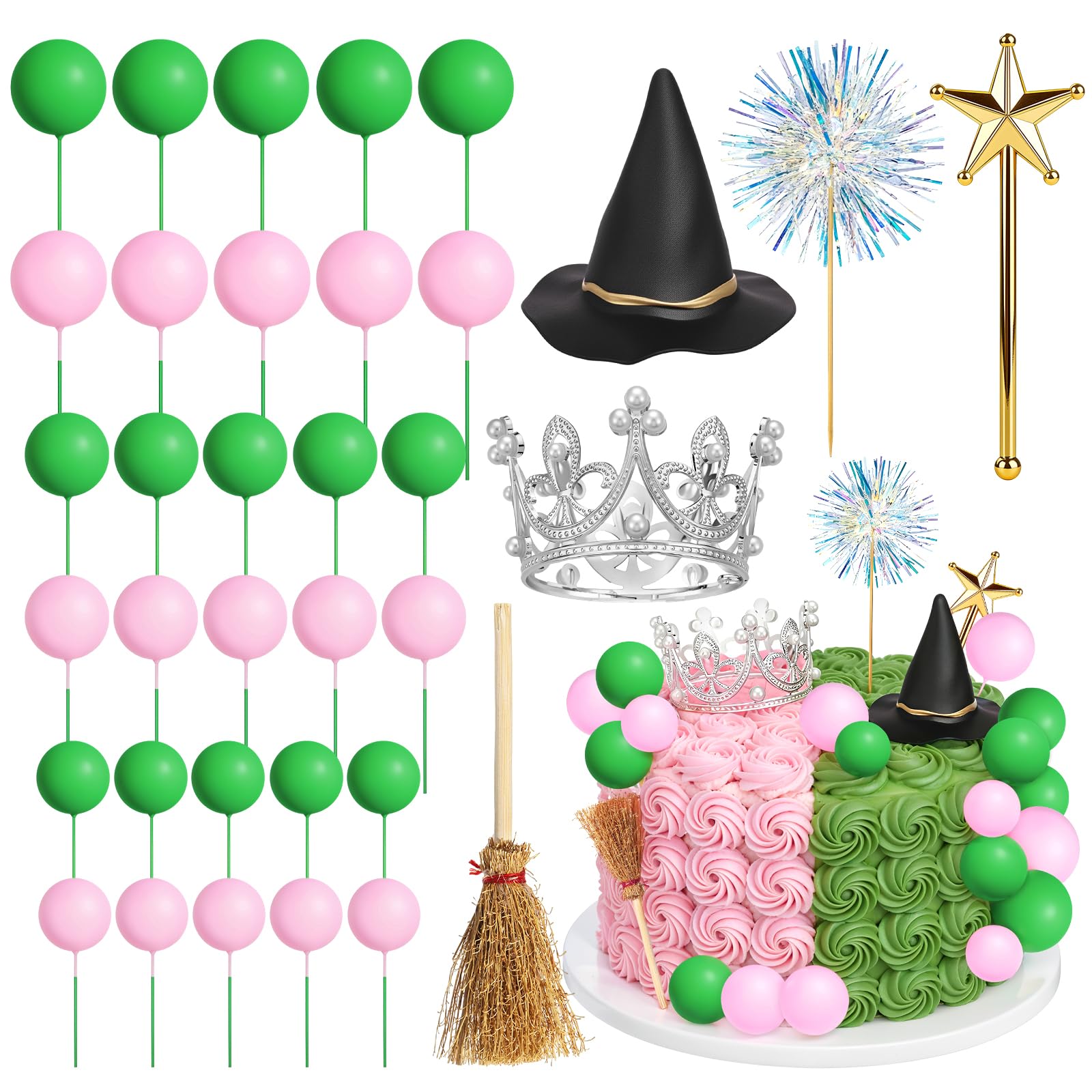35PCS Witch Theme Cake Toppers Set, Witch Hat Cake Toppers with Crown Hat Broom Star Wand Pink Green Balls for Halloween Party, Magic Birthday, Wedding Dessert Decor Supplies