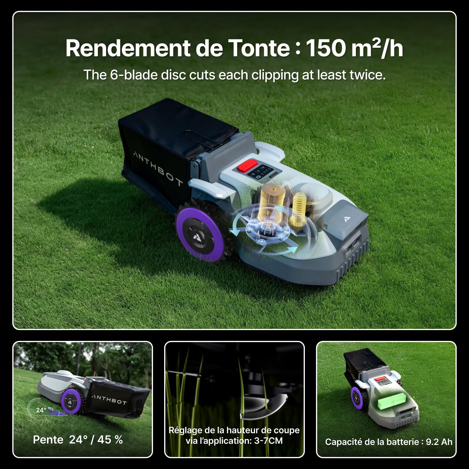 ANTHBOT 4-en-1 Robot cortacésped N8-1500㎡, NetRTK, 4G, 150㎡/h, 9.2Ah, 3 a 7 cm | Recogida de hojas muertas, Recogida de hojas muertas, derrame en una ubicación precisa, corte por zona, corte programado