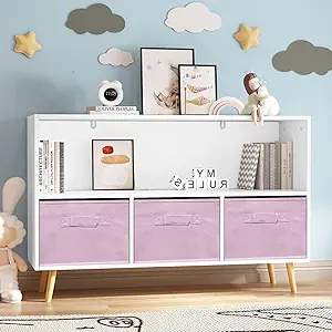 CuisinSmart Kids Bookshelf with Toy Storage Organizer,35.5" Bookcase with Bins for Nursery Playroom Furniture Kids Bedroom Kids Reading Nook,35.5"x11",Pink