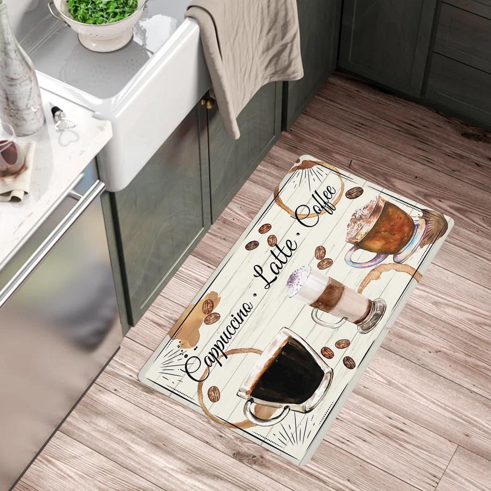 OMHHBX Felpudo moderno con patrón de café, decoración de bienvenida, alfombra antideslizante lavable para cocina, comedor, entrada, decoración interior 90 x 180 cm