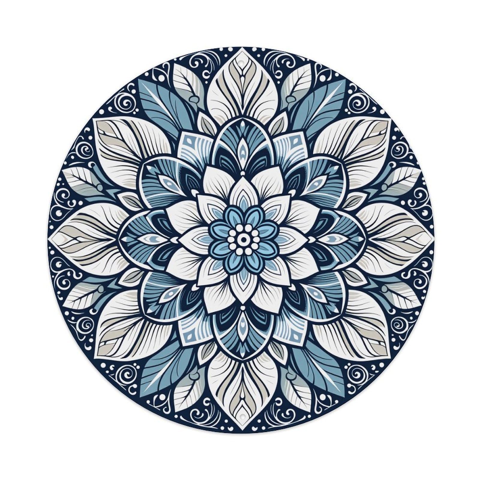 Blue And White Floral Mandala Pattern With Intricate Leaves Round Vintage Tin Sign,Retro Wall Art,Metal Poster for Home, Bar, Garage, Cafe, Rustic Indoor & Outdoor Decor, 8x8 Inches