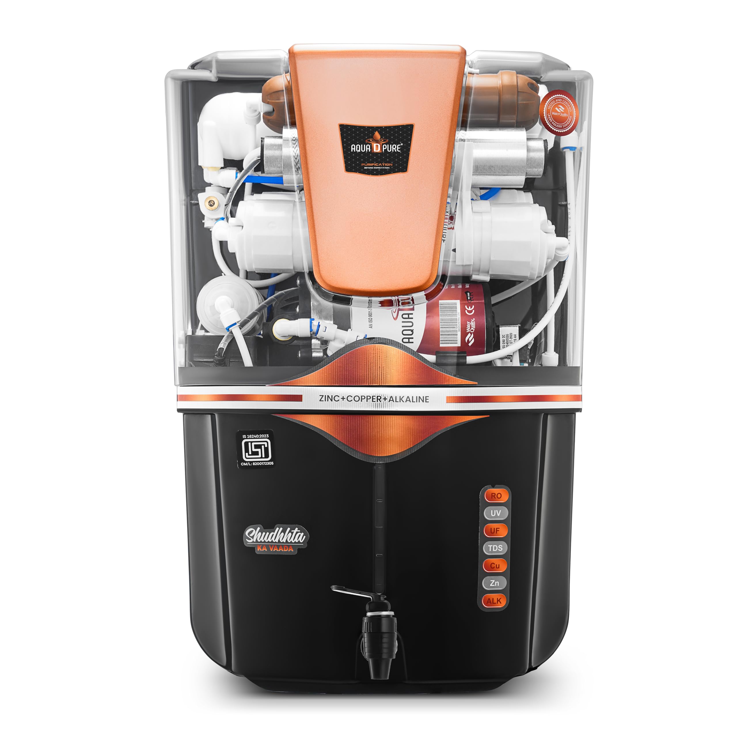AQUA D PURE Zinc Copper Alkaline RO Water Purifier with UV + UF + TDS ADJUSTER, Fully Automatic Function Technology, Best for Home and Office, 12 Liter (S110 Seltos TRN ADP Zinc)