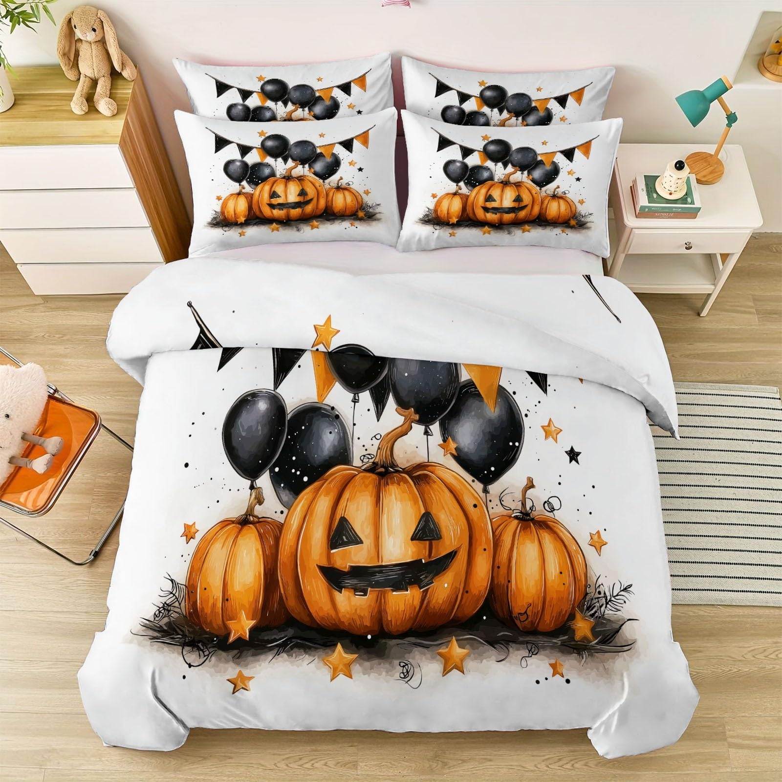 Poszewka na kołdrę 3 sztuki kolor pomarańczowy poszewka na kołdrę z 2 poszewkami na poduszki Halloween Jack-O'-Lantern balony uroczystość miękki zestaw pościeli na cały sezon oddychające zapięcie na