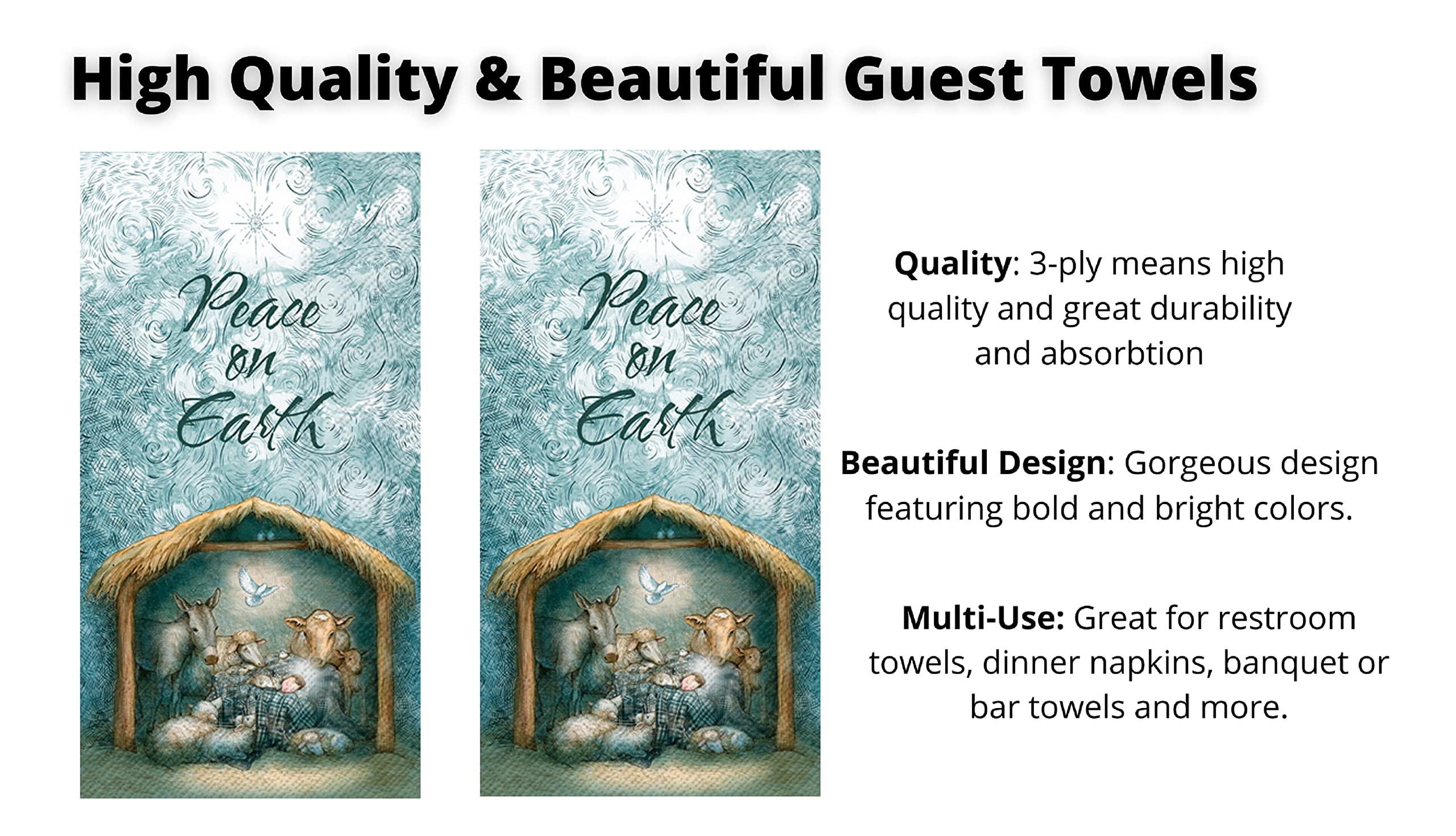 Christmas Hand Towels Sets: Quality Disposable Paper Hand Towels Featuring Holiday Themes - 32 Total Holiday Guest Towels Per Set (Peace Nativity)