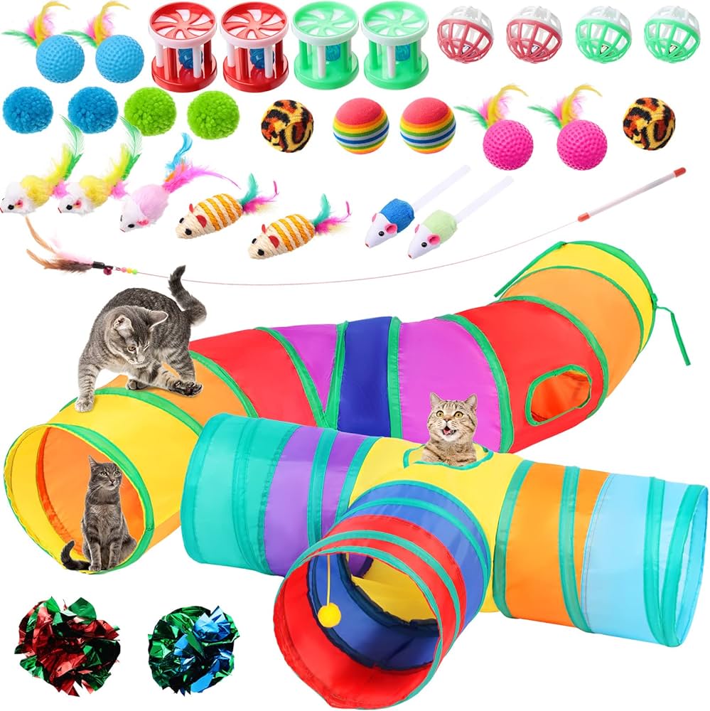 Wettarn 22 Pieces Cat Toys Set, with 2 Collapsible Cat Tunnels for Indoor Cats and 20 Kitten Toys Cat Tubes and Tunnels Interactive Cat Feather Toy Mouse Crinkle Balls for Cats Puppies (Colorful)