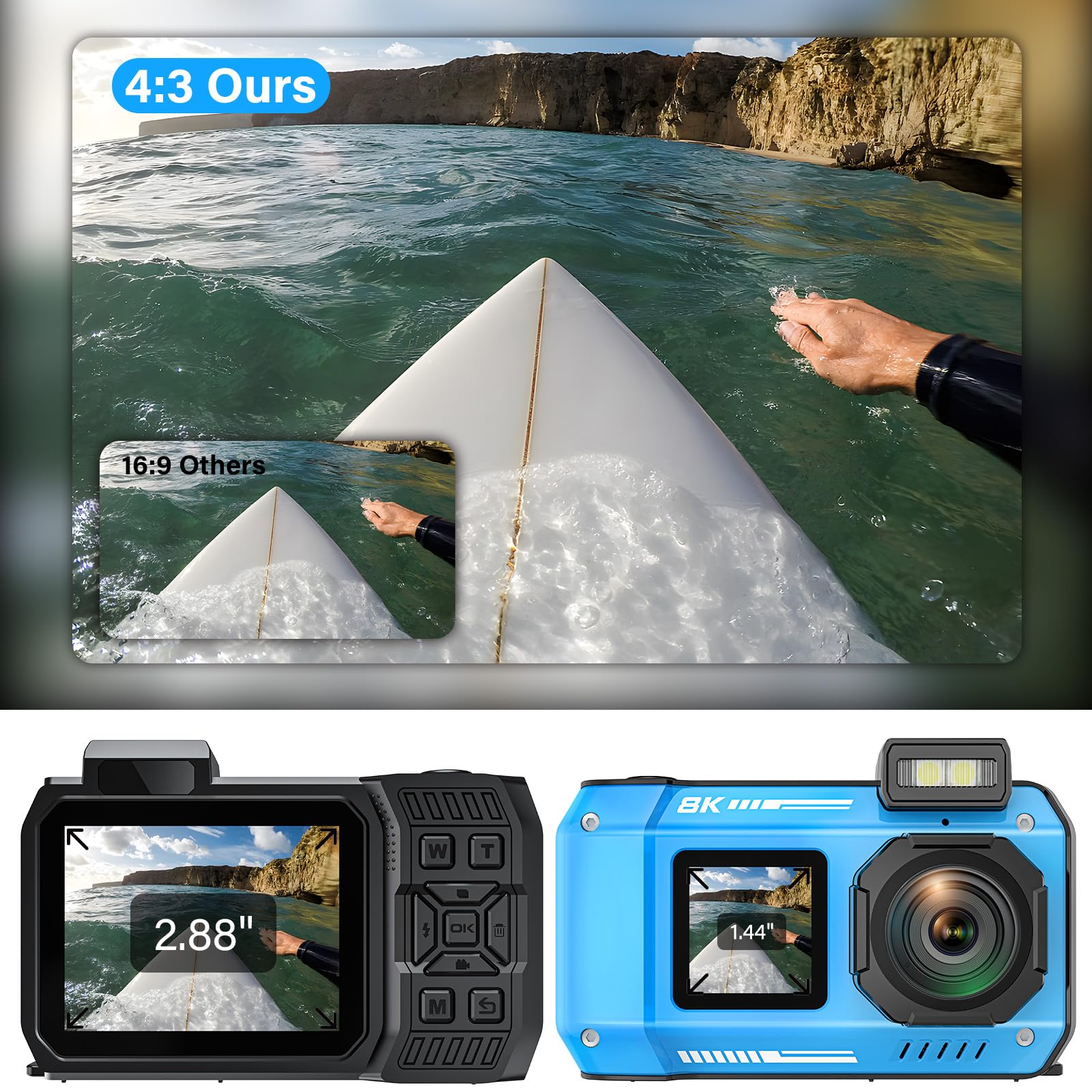 Digitalkamera, 8K Unterwasserkamera, 70MP Autofokus 33FT WiFi Digitalkamera wasserdichte mit 64GB Karte, Dual-Screen Selfie 2500mAh Batterie, 16X schwimmfähig Digital für Schnorcheln
