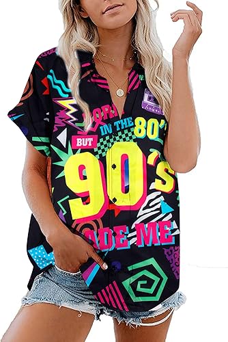 Miniatura 2 de MYHALF Traje de los años 80 para mujer, camisas de neón de los años 80, trajes de fiesta temática de los años 80 y 90, trajes retro de manga corta