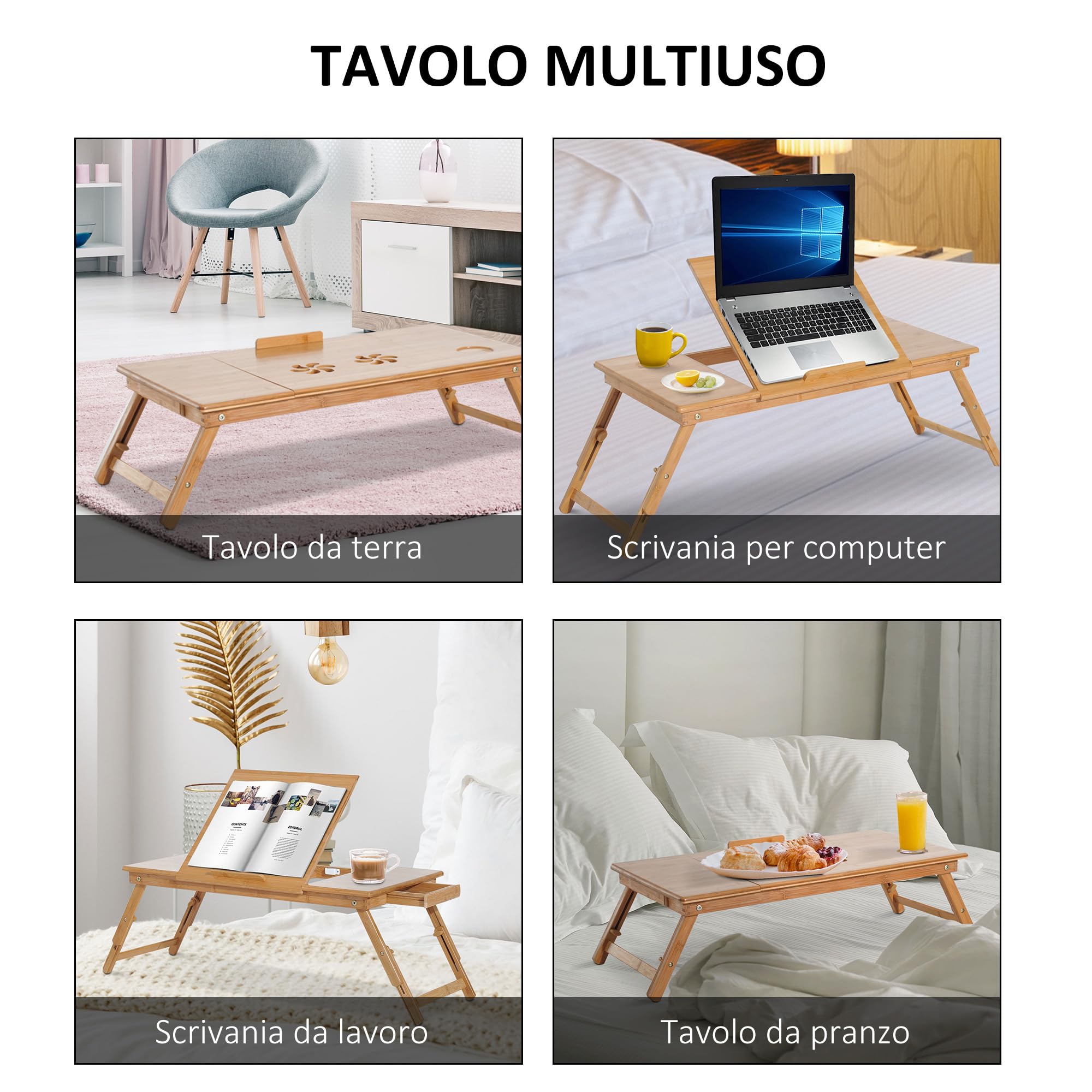 HOMCOM Tavolino da Colazione a Letto, Tavolino da Letto per PC Pieghevole, Supporto per PC da Camera, Regolabile, Inclinabile, Cassetto, Gambe Pieghevoli, 72x35x22-30, Colore Legno