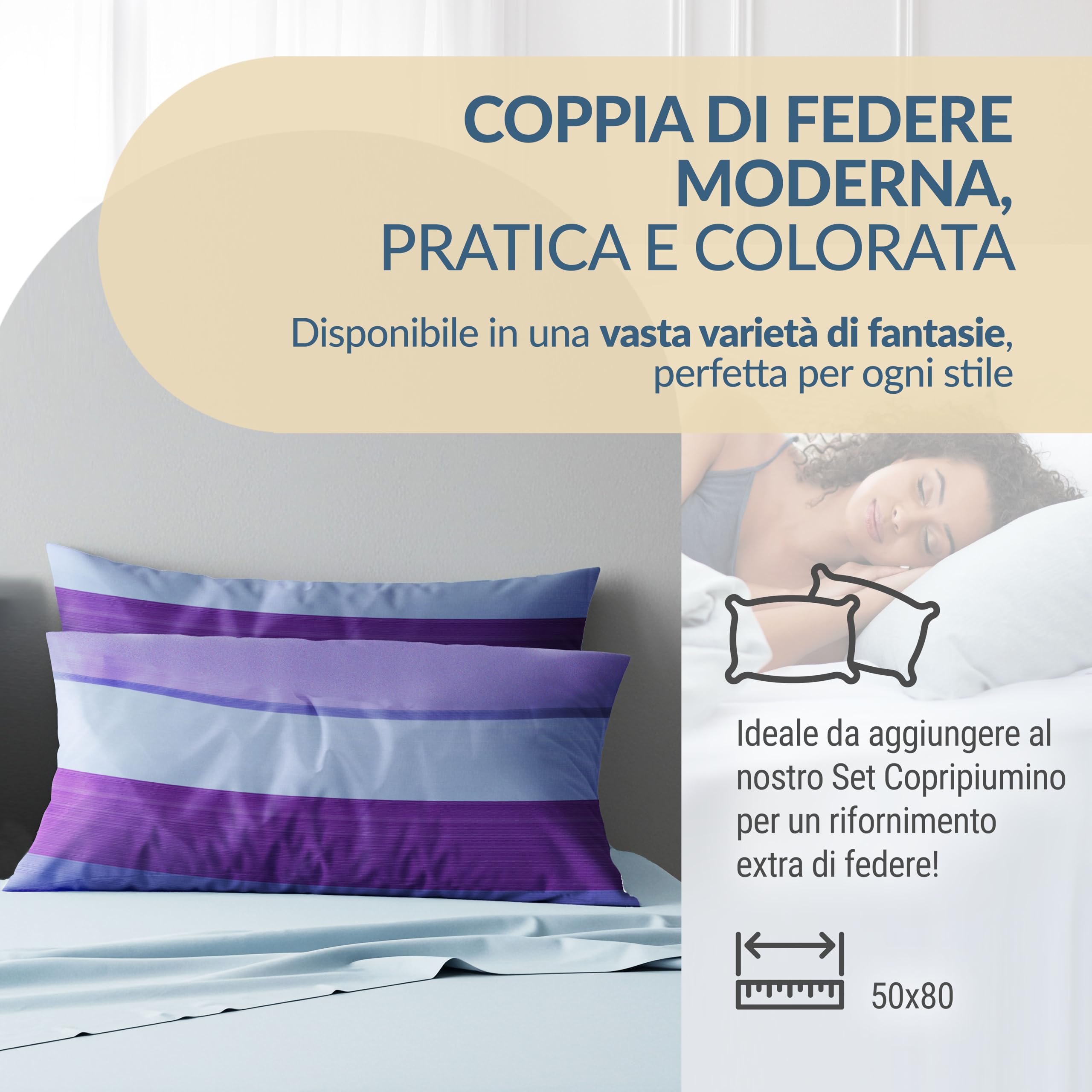 Dorian Home - Federe Cuscino Letto 50x80 Cotone 100% Puro, Morbido e Certificato, Coppia di 2 Federe Abbinate da Aggiungere al Set Copripiumino, Federa Cuscini 4 Stagioni con Comoda Patella di 18 cm