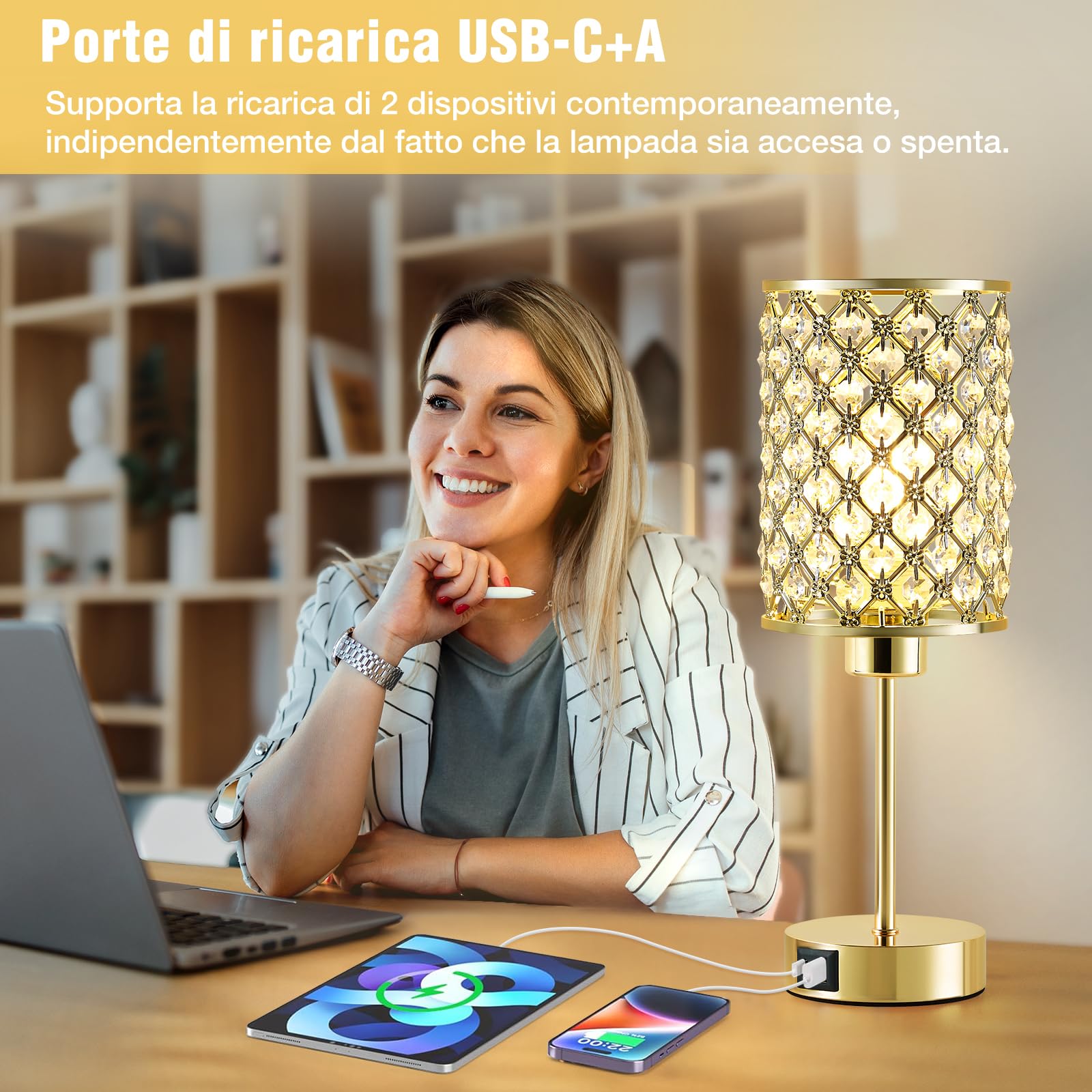 Lampada Touch Oro in Cristallo, Lampada da Comodino Dimmerabile a 3 Livelli con Porte USB C+A, Lampada da Comodino per Camera da Letto, Soggiorno (Lampadina Inclusa)