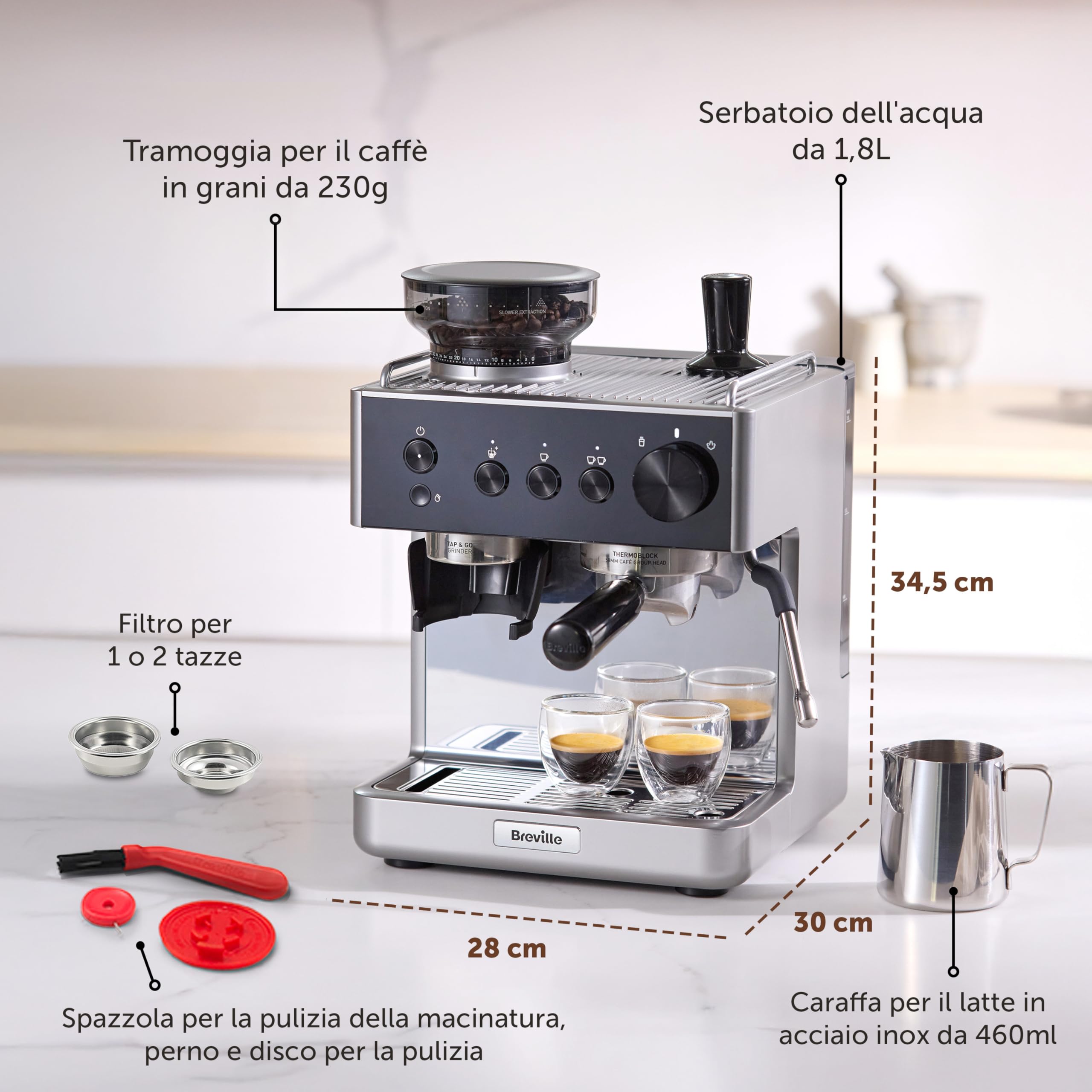 Breville Barista Classic Macchina per caffè espresso | Macchina da caffè con macinacaffè integrato e montalatte | Pompa italiana da 15 bar | Nero e argento [VCF186X]