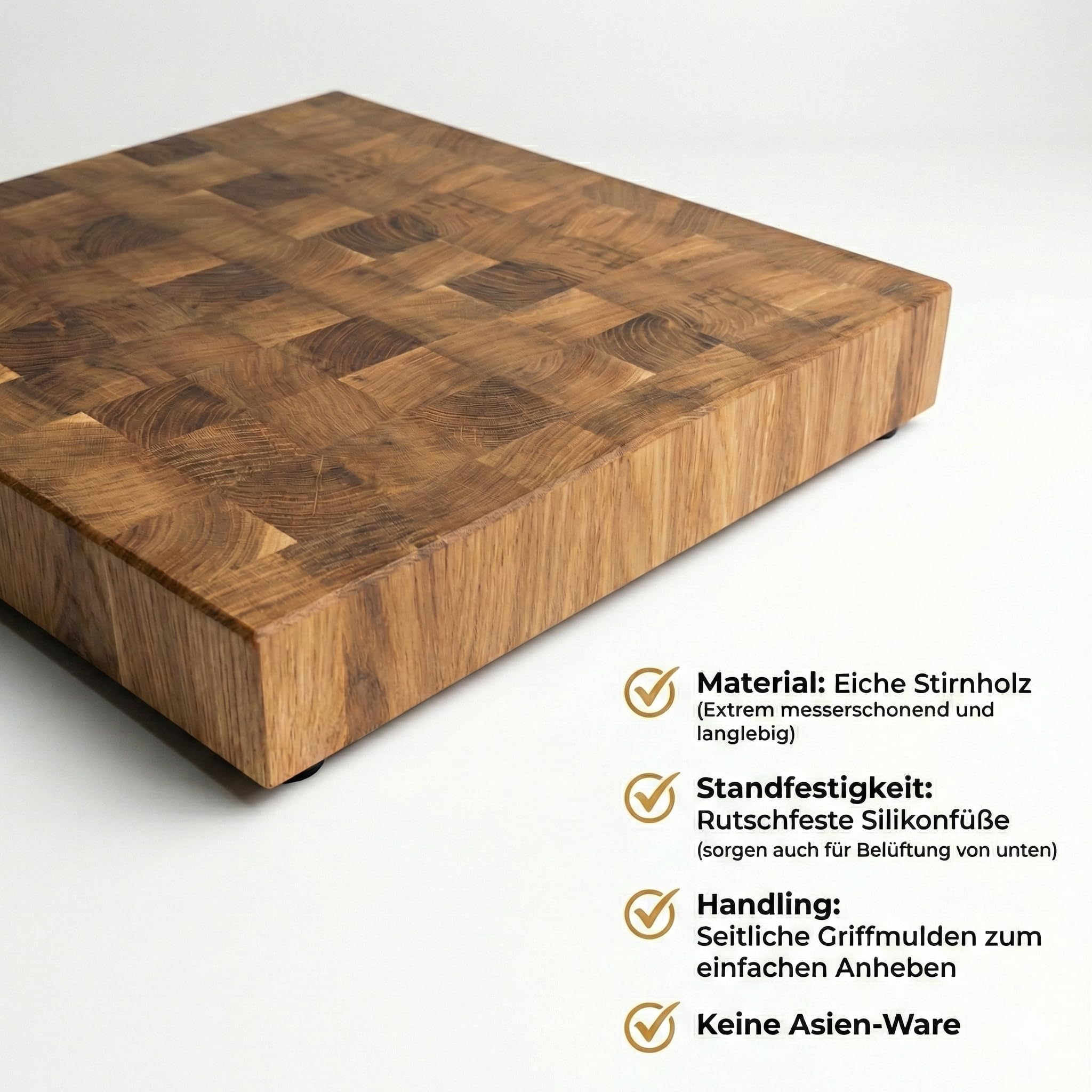 XXL Premium Stirnholzbrett Eiche 50x40x6 cm – Massives Schneidebrett & Hackblock aus Holz – Extra dick, Handgefertigt, Messerschonend – Profi Küchenbrett