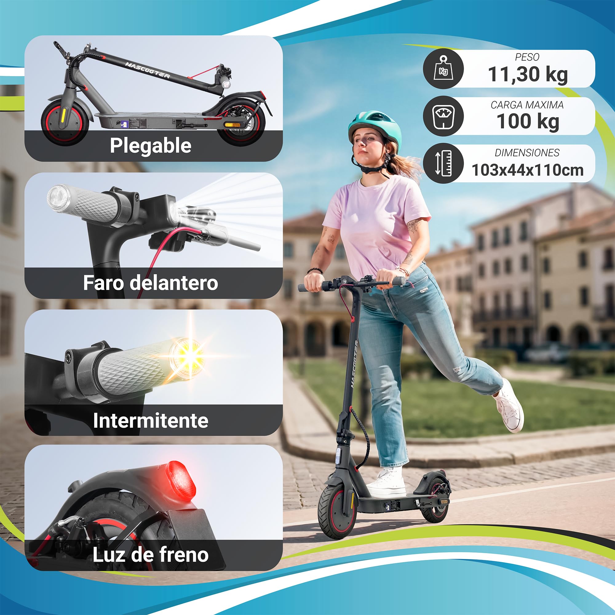 MASCOOTER S1 | Patinete Eléctrico Adultos Homologado con Talleres en España | 600W | 20 km | 3 Años de Soporte | Homologado DGT | Intermitentes | Ruedas 9.5" Aire | Regeneración al Frenar (AER) | HPB