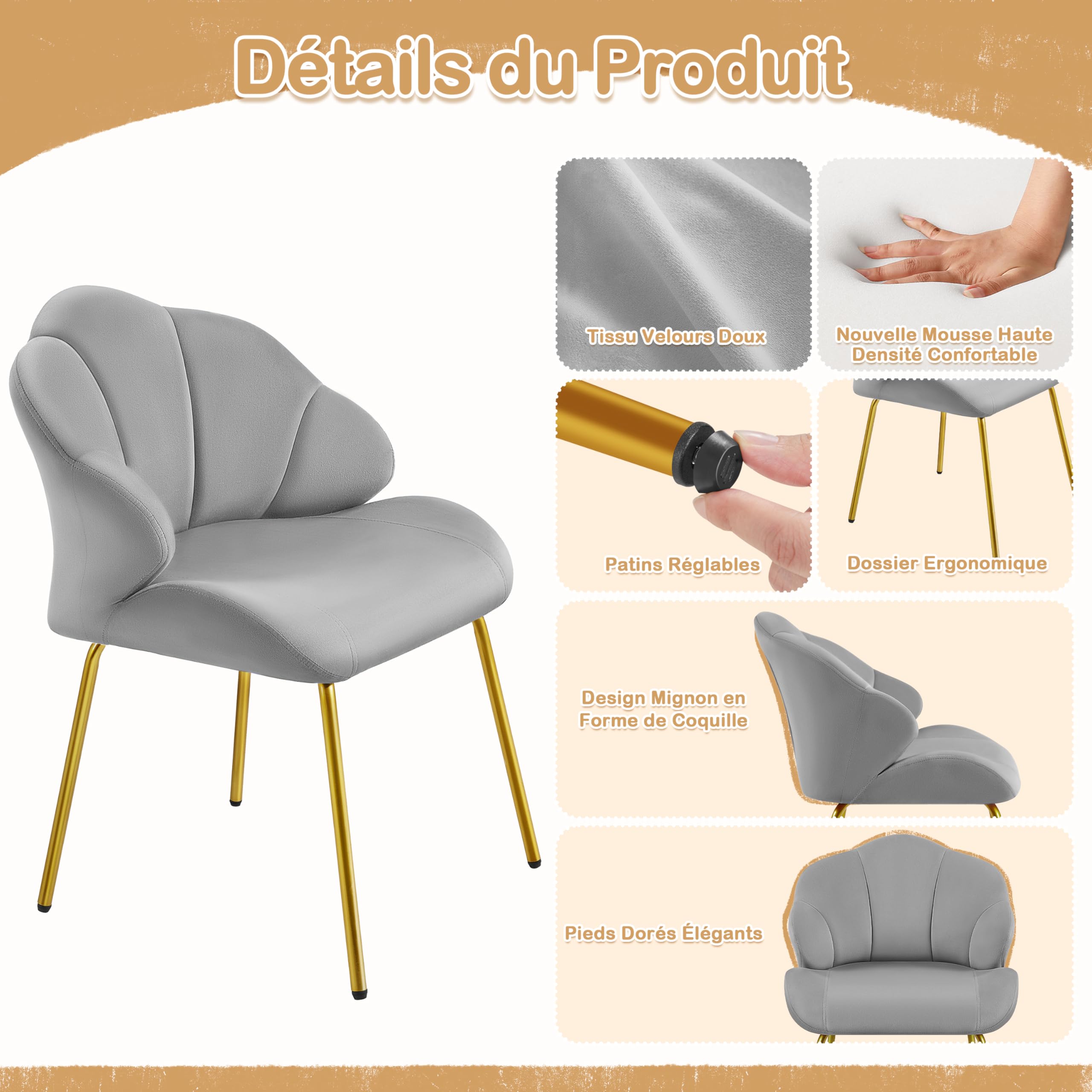 Yaheetech Fauteuil de Salon Moderne, Design Coquillage, Chaise de Chambre à Coucher Confortable, Rembourré, Ergonomique, Fauteuil en Velours avec Dossier, Pieds en Métal Plaqué Or Gris Clair