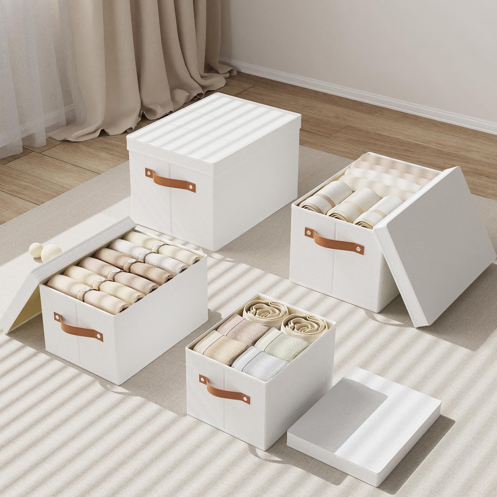 3 Pezzi Scatola con Coperchio, Contenitori, Bianco, 42×30×26cm | Scatole Portaoggetti con Maniglia,Organizzatore Cassetti con Coperchio,Utilizzato per Vestiti,Organizer per Camera