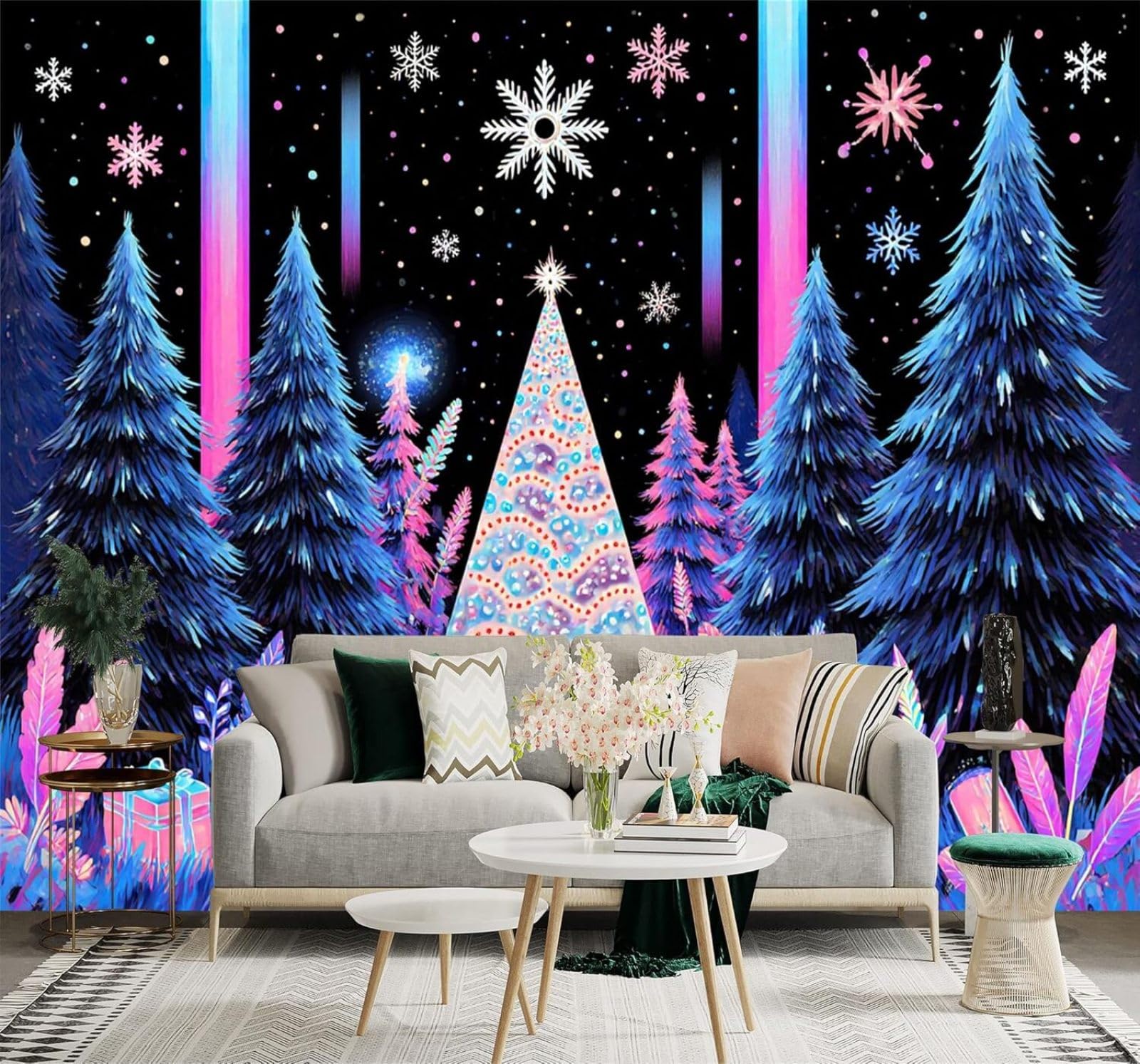 XLMING Beautiful Plants Snowflakes Pine Forest Night Scene 3D Wallpaper Silky Texture Home Study Office Grey Dining Room Sofa Bedroom Living Room TV Backdrop-200cm×140cm