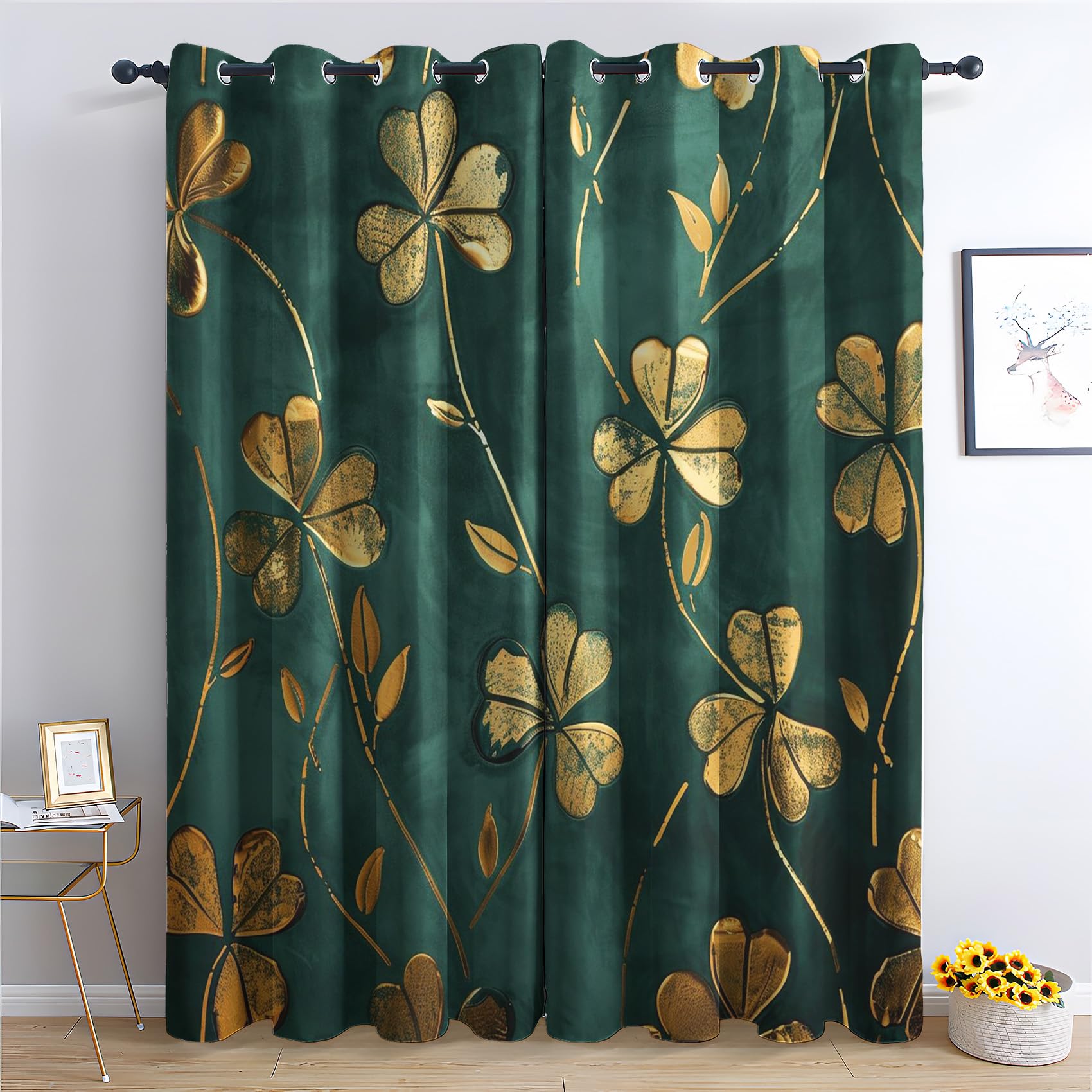 SZLYZM Emerald Green Blackout Curtains, Gold Leaves Bedroom Curtains & Living Room Curtains 46 x 54 Inch 2 Panels Set, Thermal Eyelet Drapes Decorative Patterned Window Treatments 54 Drop (Qv-&98)