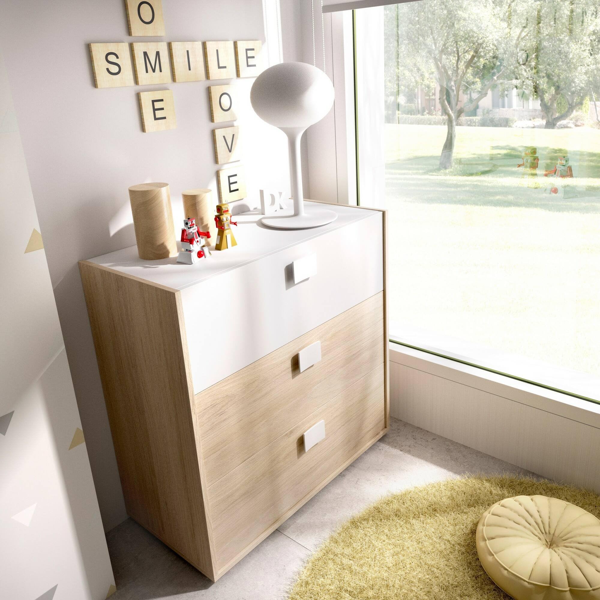Dmora - Cassettiera Sella, Settimanale per camera da letto, Comò con 3 cassetti, 80x43h81 cm, Rovere e Bianco