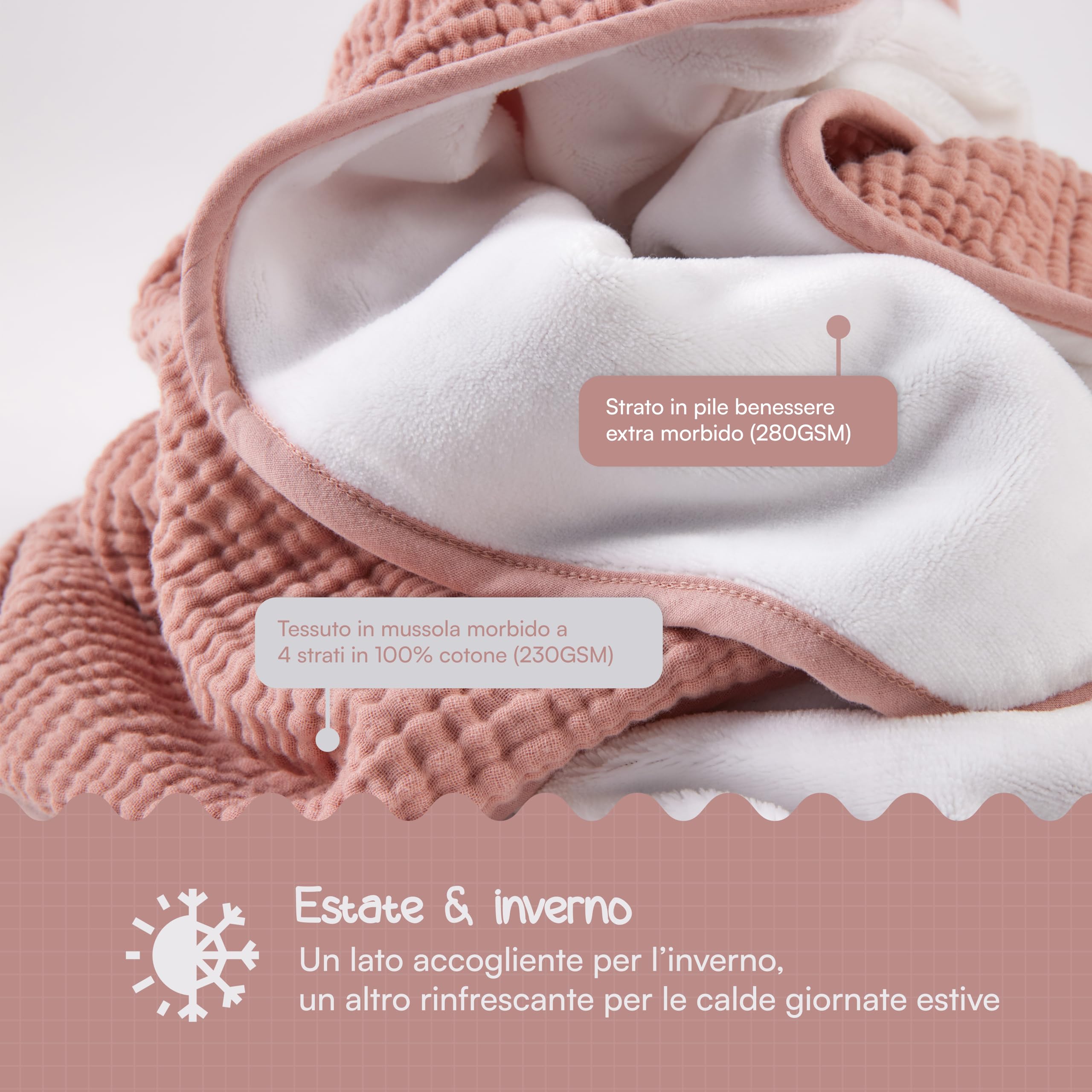 BEARFOOT Coperta per neonati - coperta in mussola (cotone, pile) morbida e soffice, regalo per neonati e bambini, ragazzo e ragazza per la nascita (Rosa)