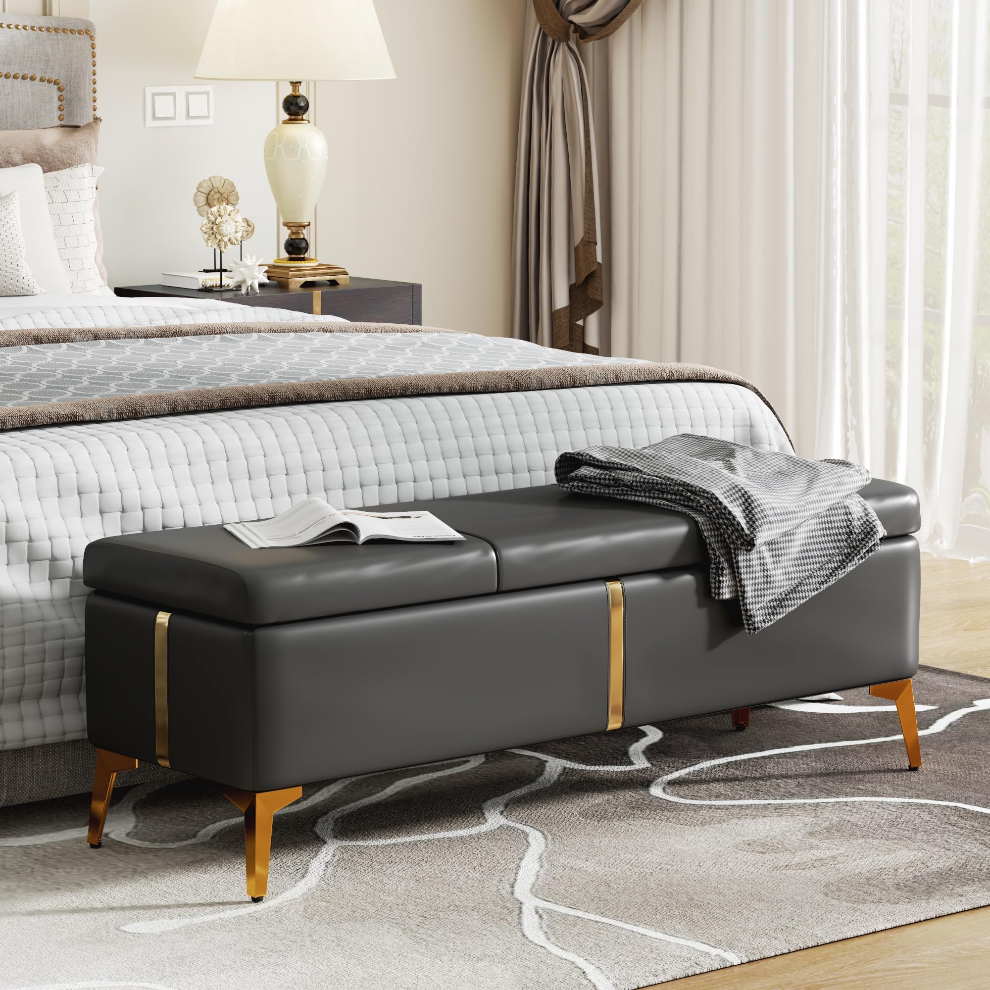 LVSOMT Leather Storage Ottoman Bench with Padded Seat Cushion, Shoe Bench with Gold Legs, Foot Rest, End of Bed Bench, Bedroom Storage Chest, Entryway, Living Room, 15.7 x 47 x 15.7 Inch (Dark Grey)