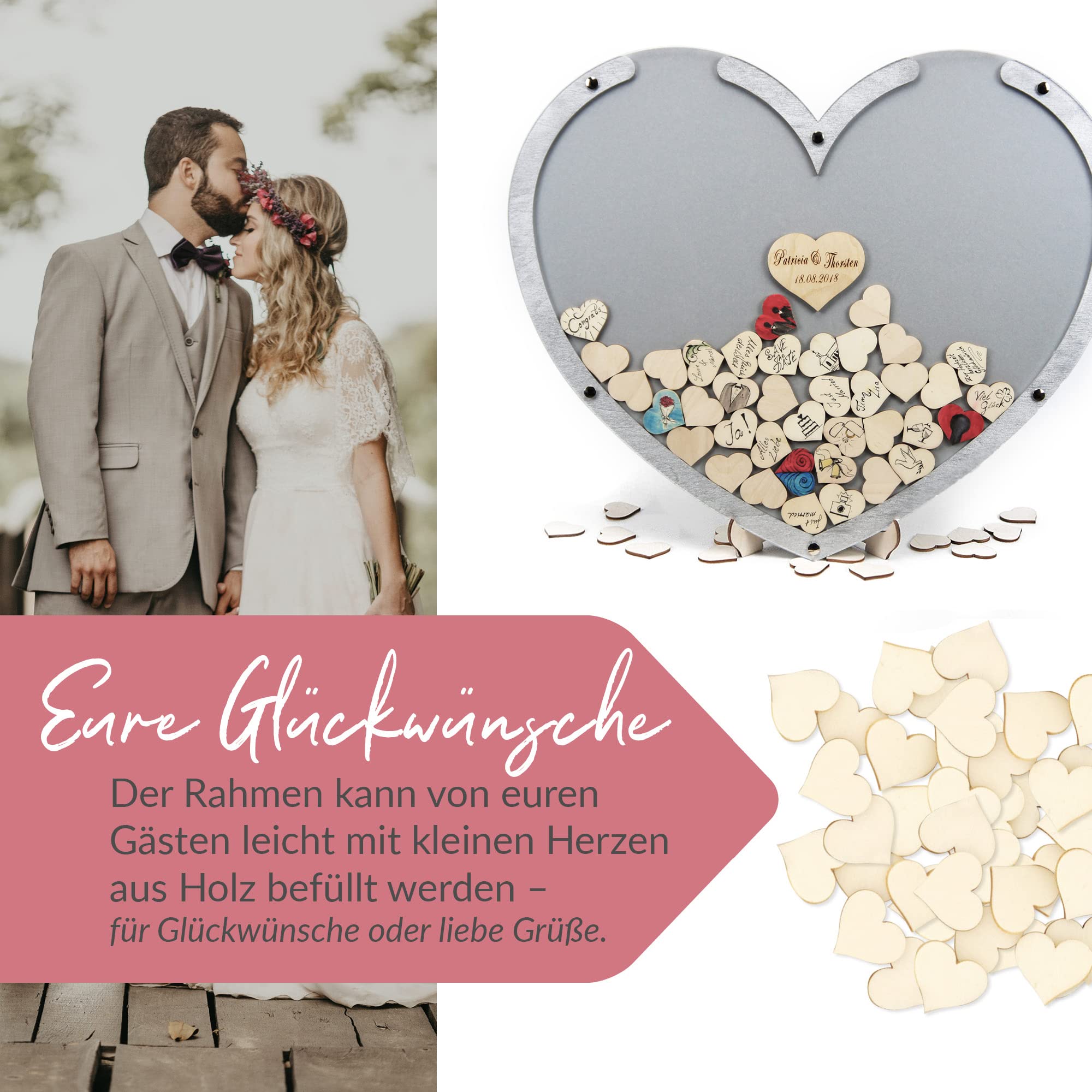 Edles Hochzeitsgästebuch, Herzform, Silber, Holz Herzchen - Personalisierbar mit Wunschgravur (Dekor Silber, L - 50 x 40 cm)