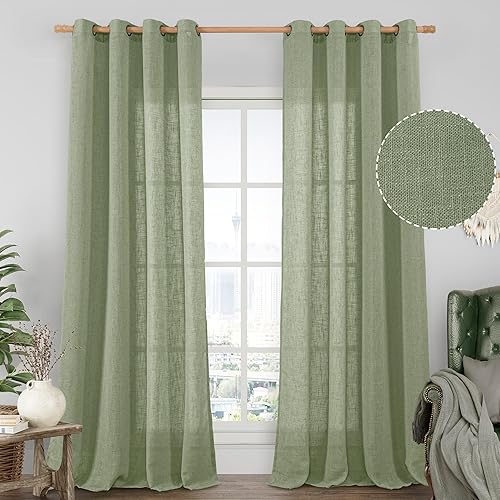 LAMIT Sage Green Linen Sheer Curtains 84 inch for Living Room, Linen Textured Light Filtering Drapes Bronze Grommet Boho Panels for Farmhouse/Living Room, 2 Panels, 52 x 84 Inch