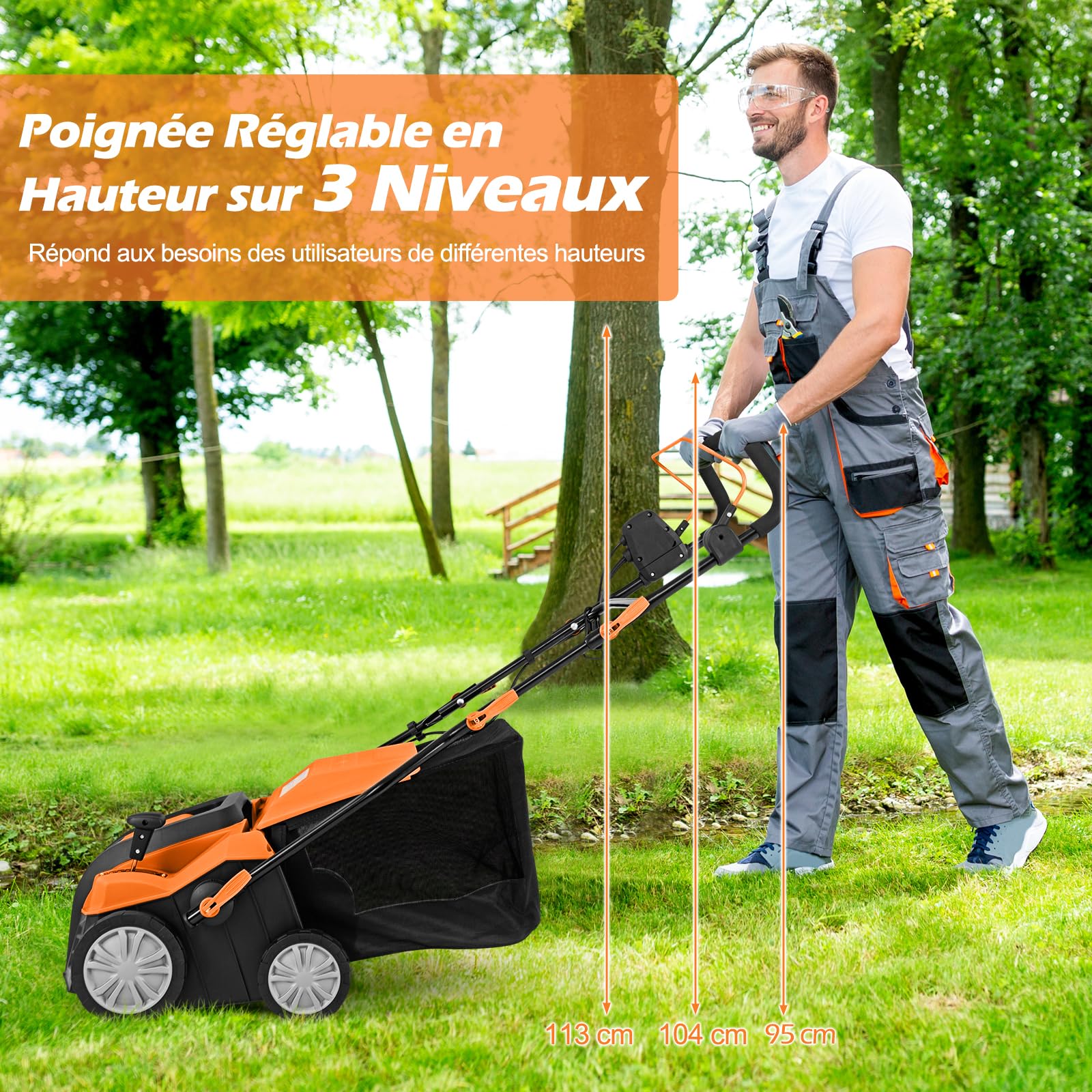 GOPLUS 2 en 1 Déchaumeuse Scarificateur Electrique 2000W, Largeur de Travail 40cm, 3500rpm, 5 Profondeurs Réglable, 3 Hauteurs Poignée, Sac 55L Amovible, Râteau Electrique Pliable Pelouse 800㎡(Orange)
