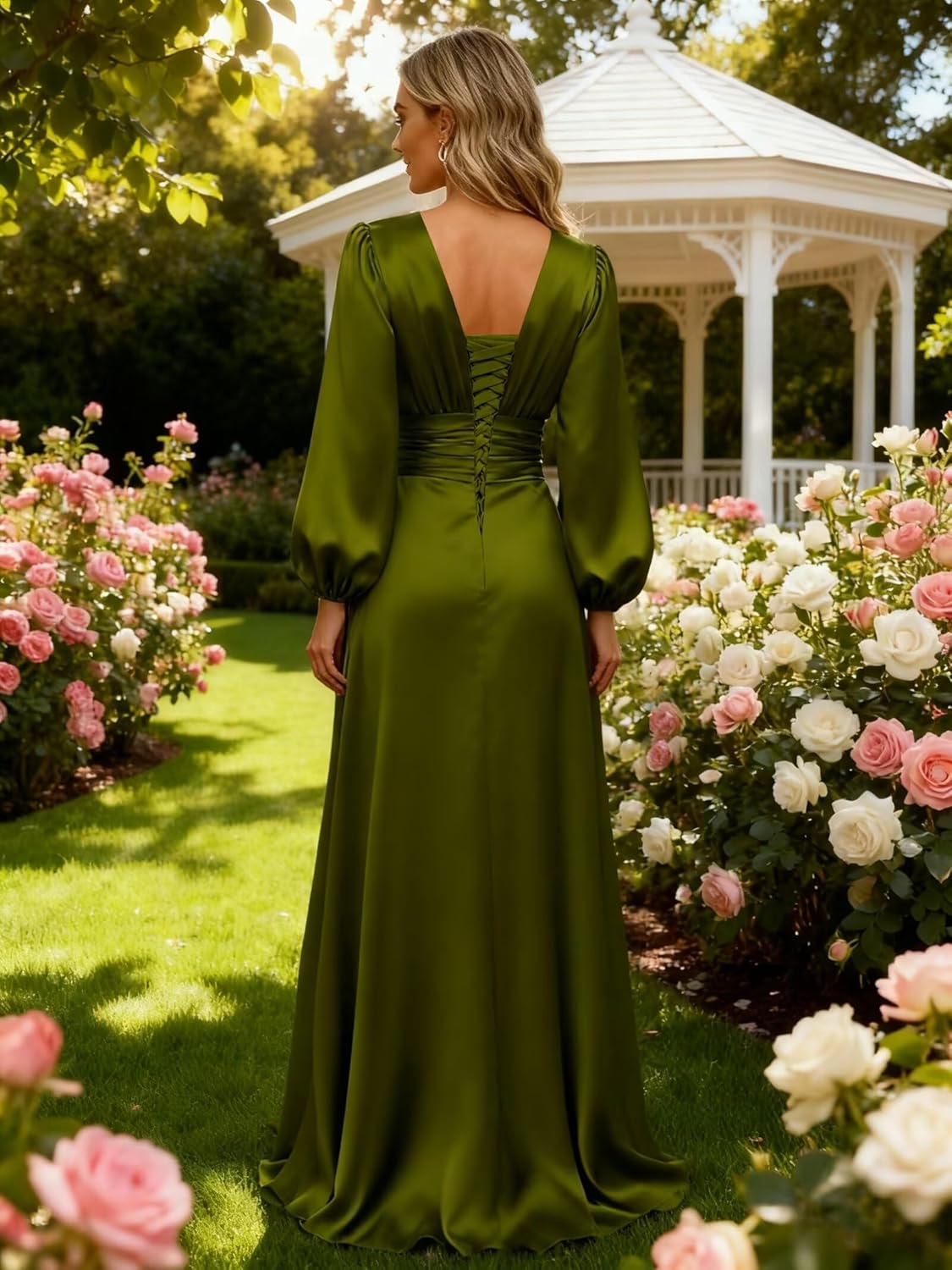 RSOETOO V Neck Long Sleeves Bridesmaid Dresses for Women A-Line Long Satin Formal Party Dress with Slit RON028 - Image 2